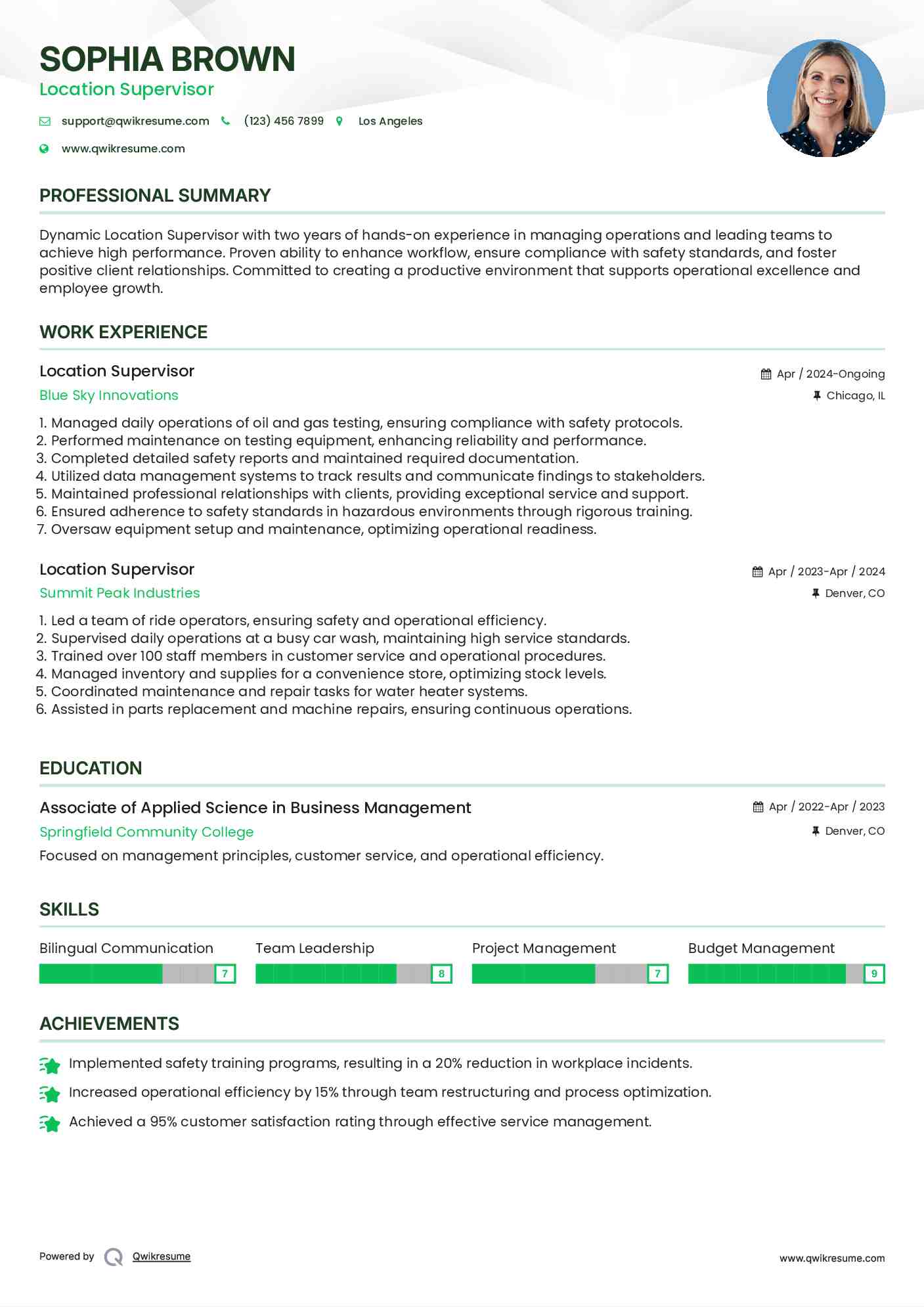 Location Supervisor Resume Format