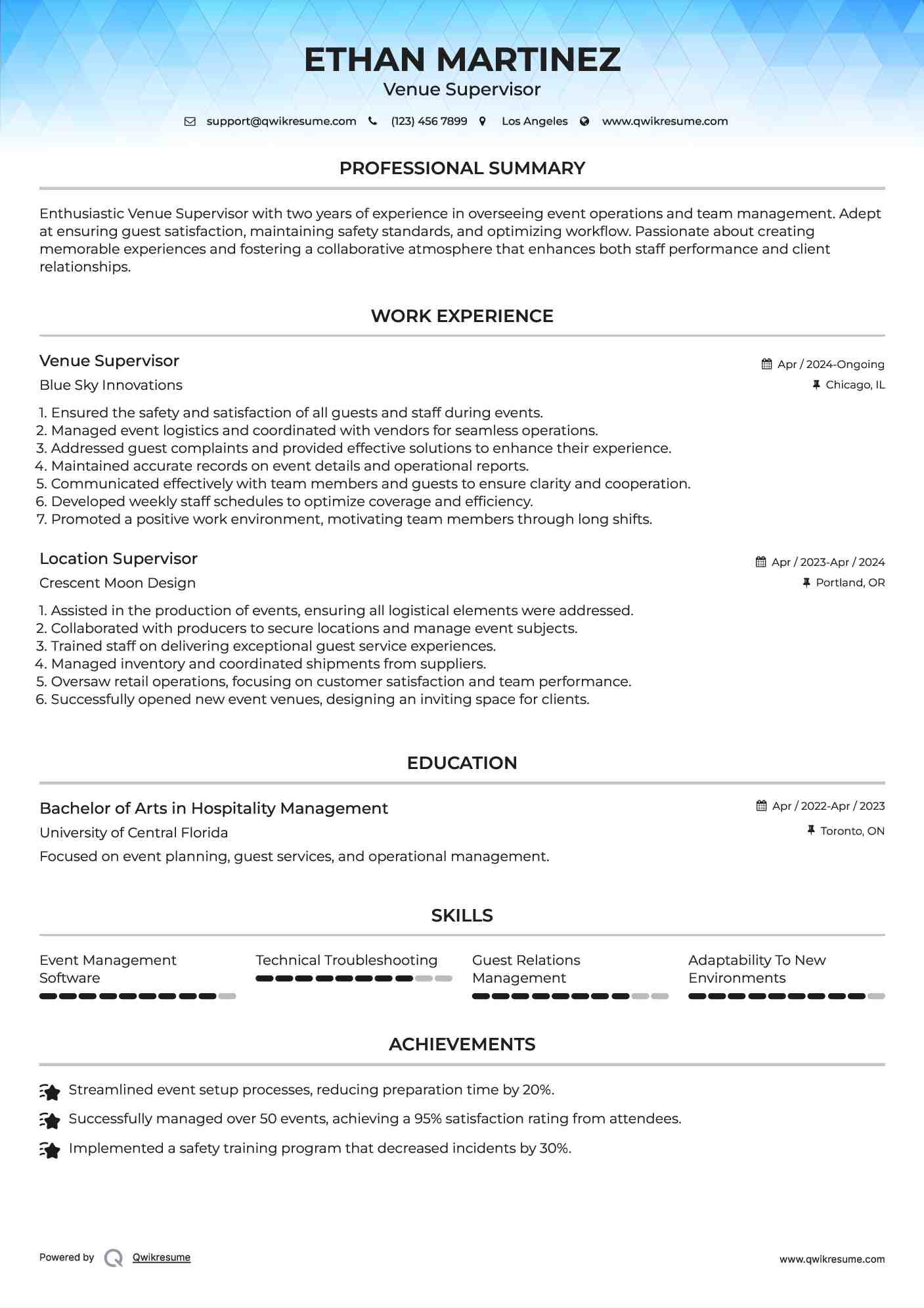 Venue Supervisor Resume Format