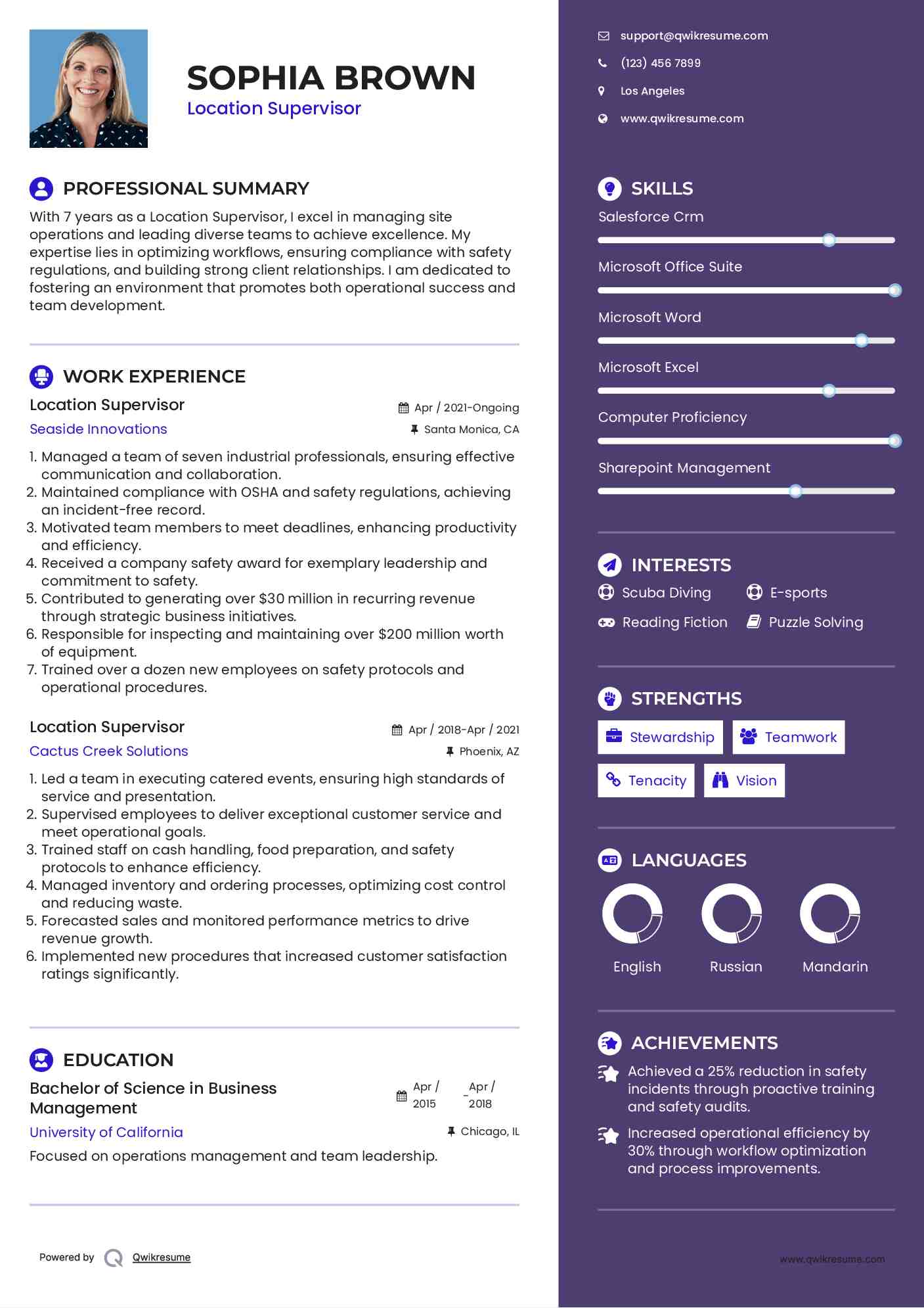 Location Supervisor Resume Example