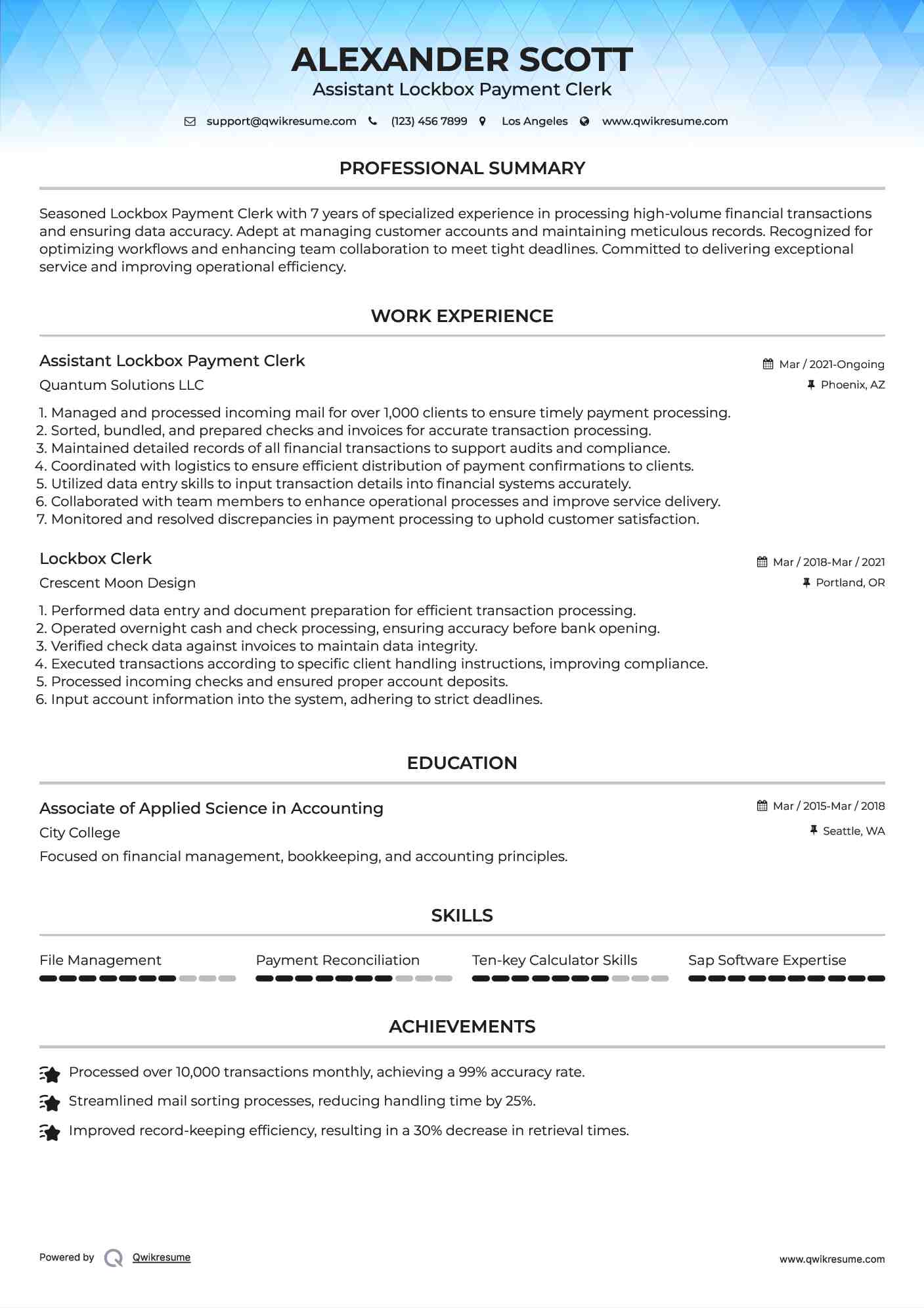 Assistant Lockbox Payment Clerk
 Resume Format