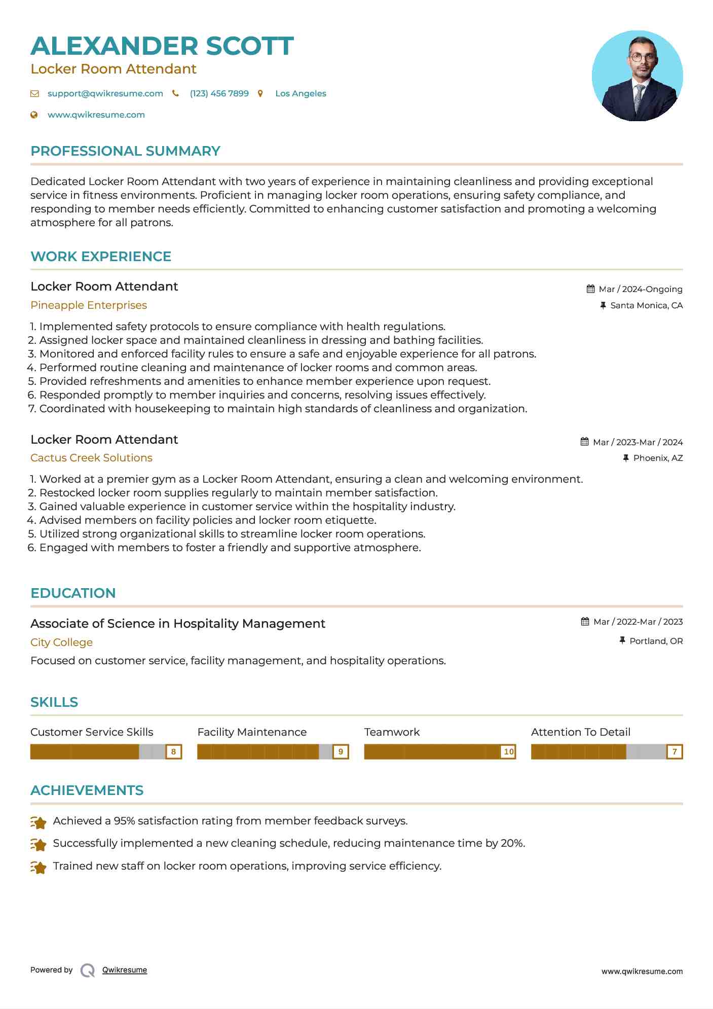 Locker Room Attendant Resume Example