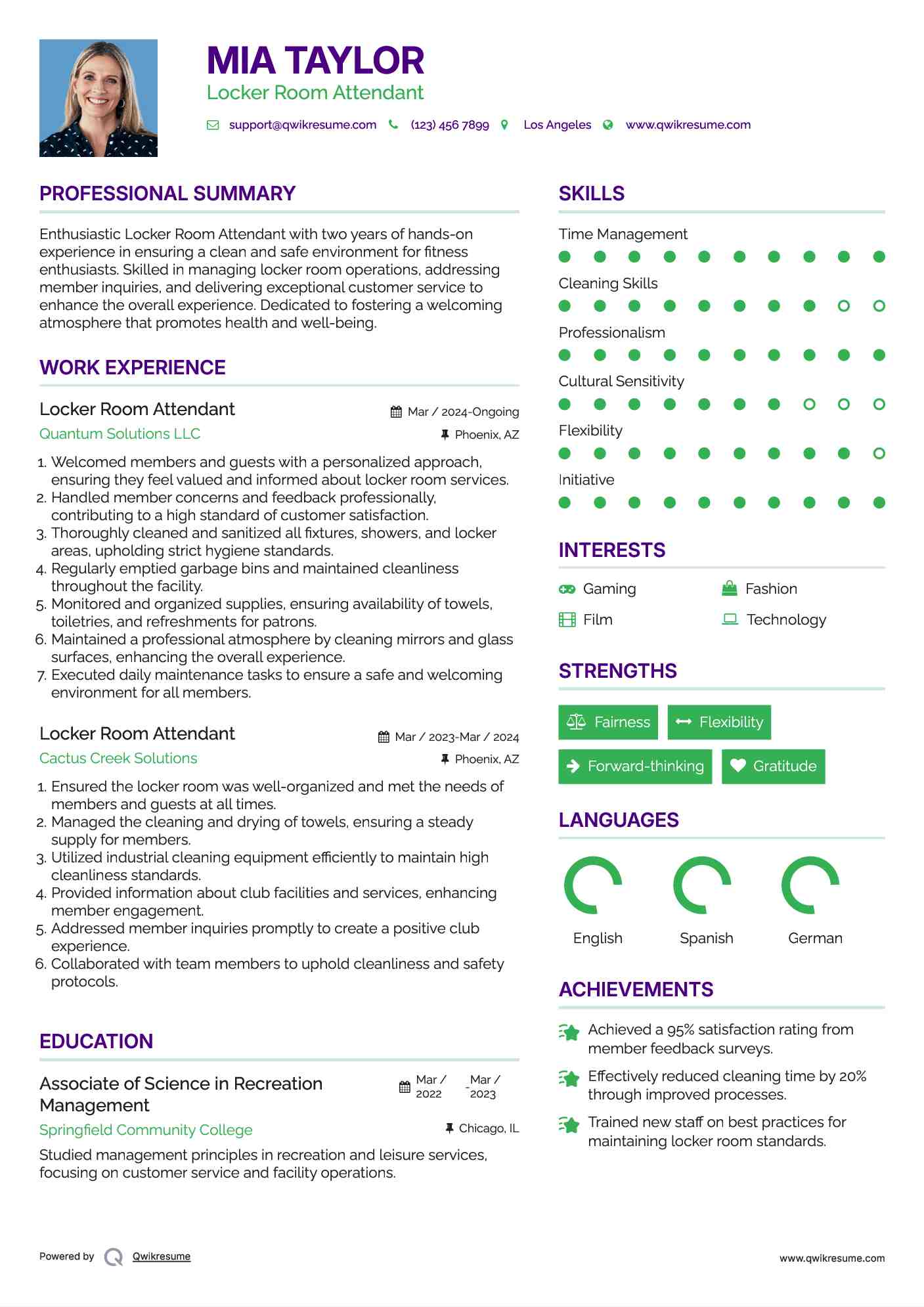 Locker Room Attendant Resume Sample