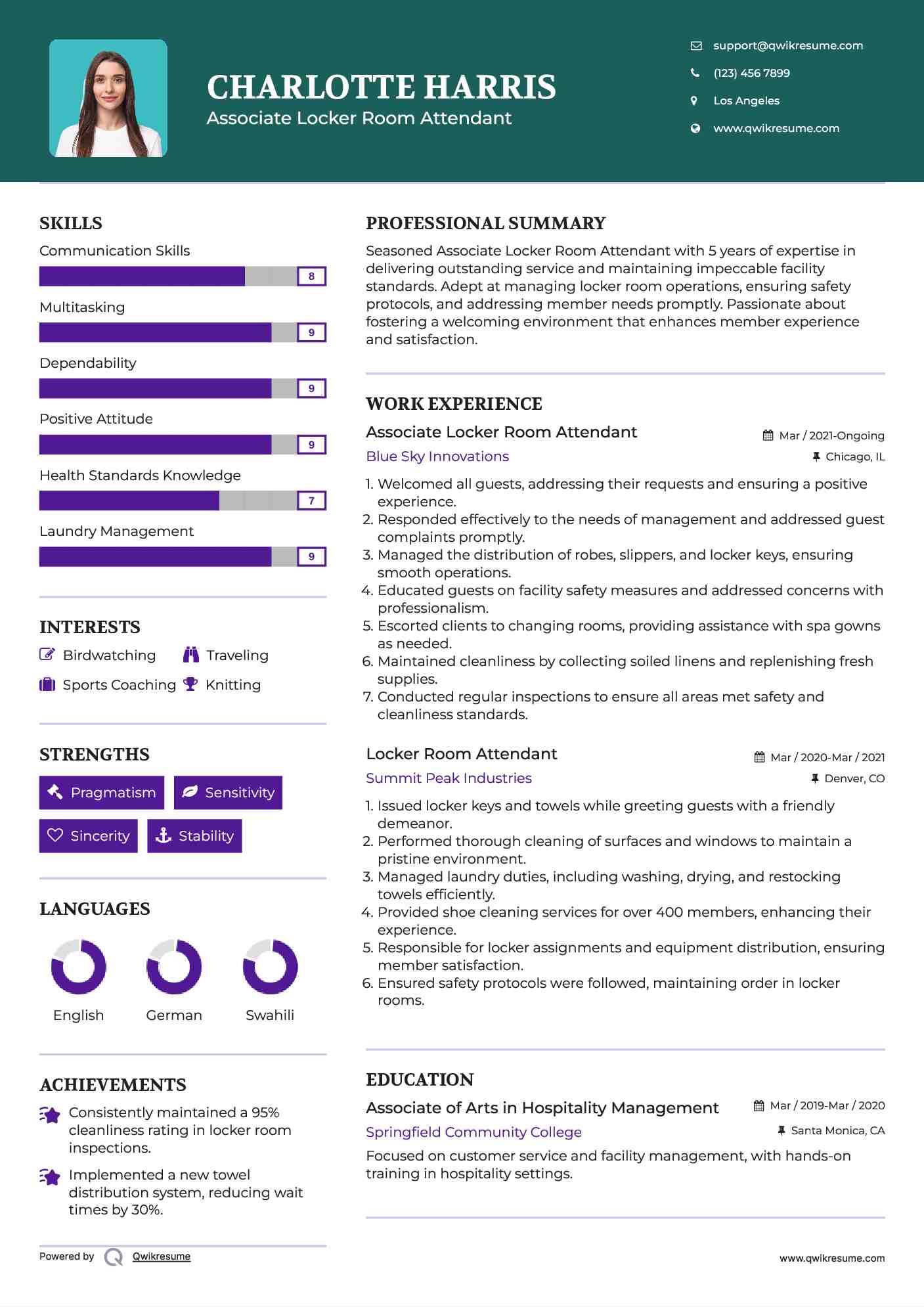 Locker Room Attendant Resume Samples QwikResume