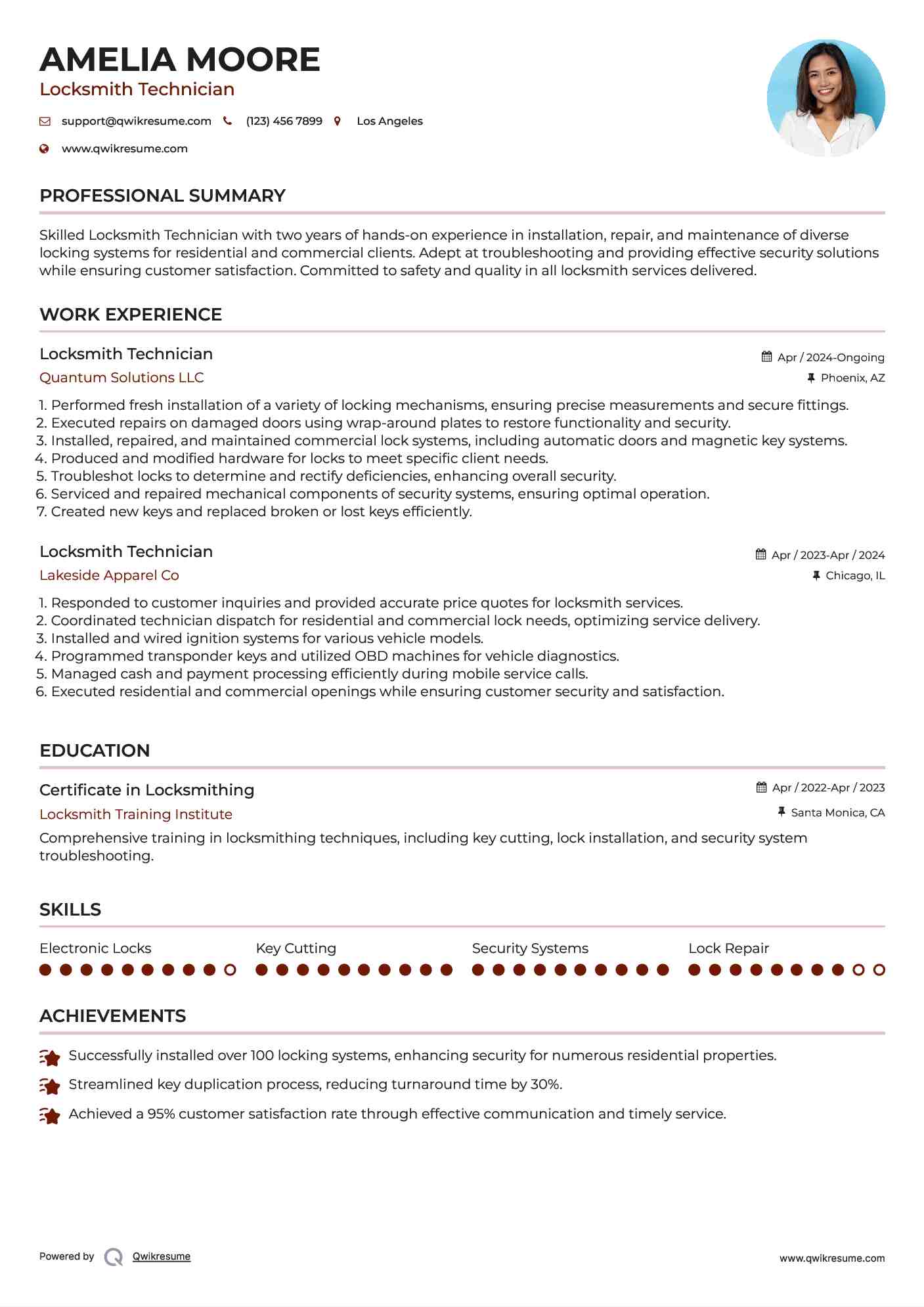 Locksmith Technician Resume Sample