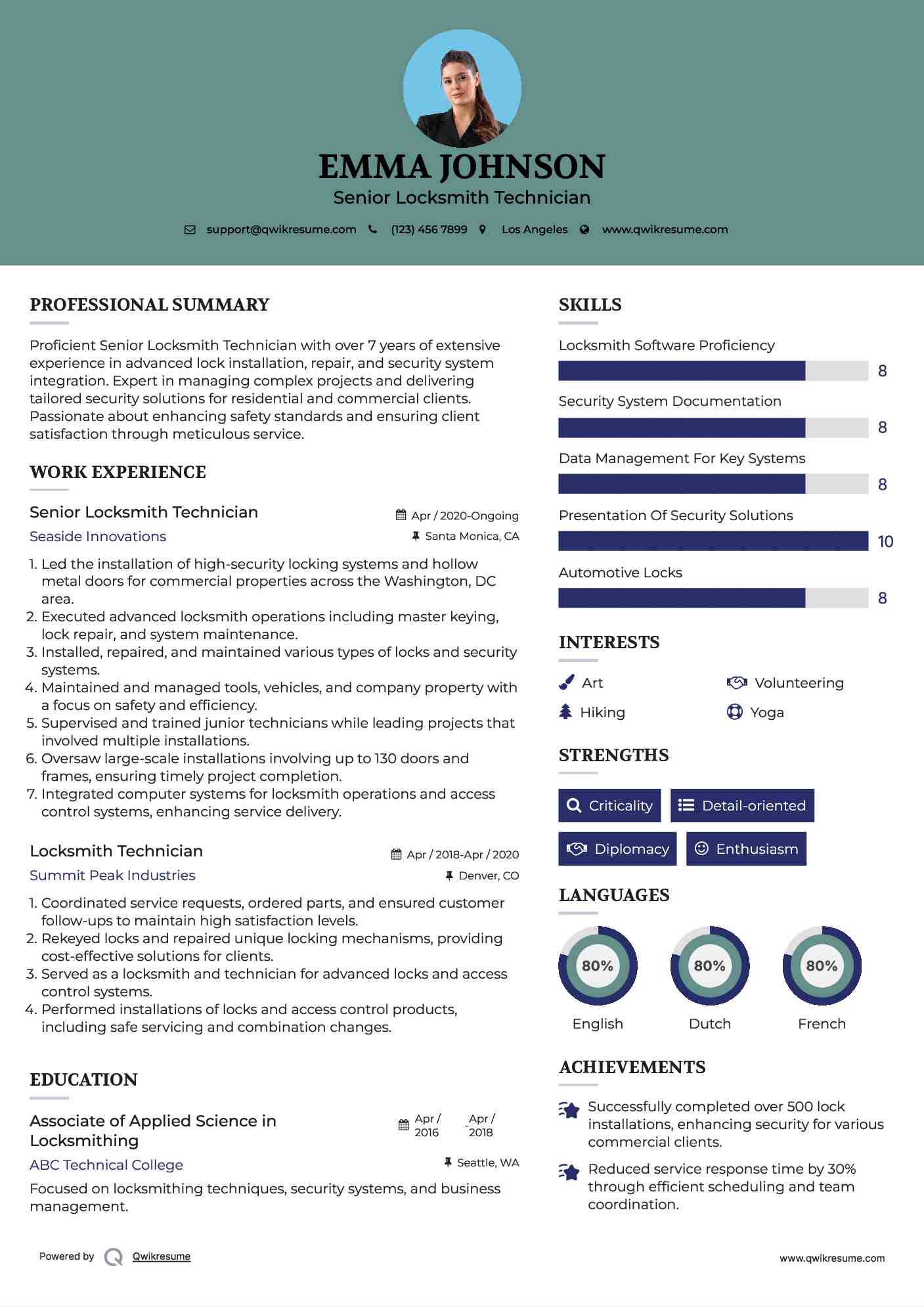 Senior Locksmith Technician Resume Template