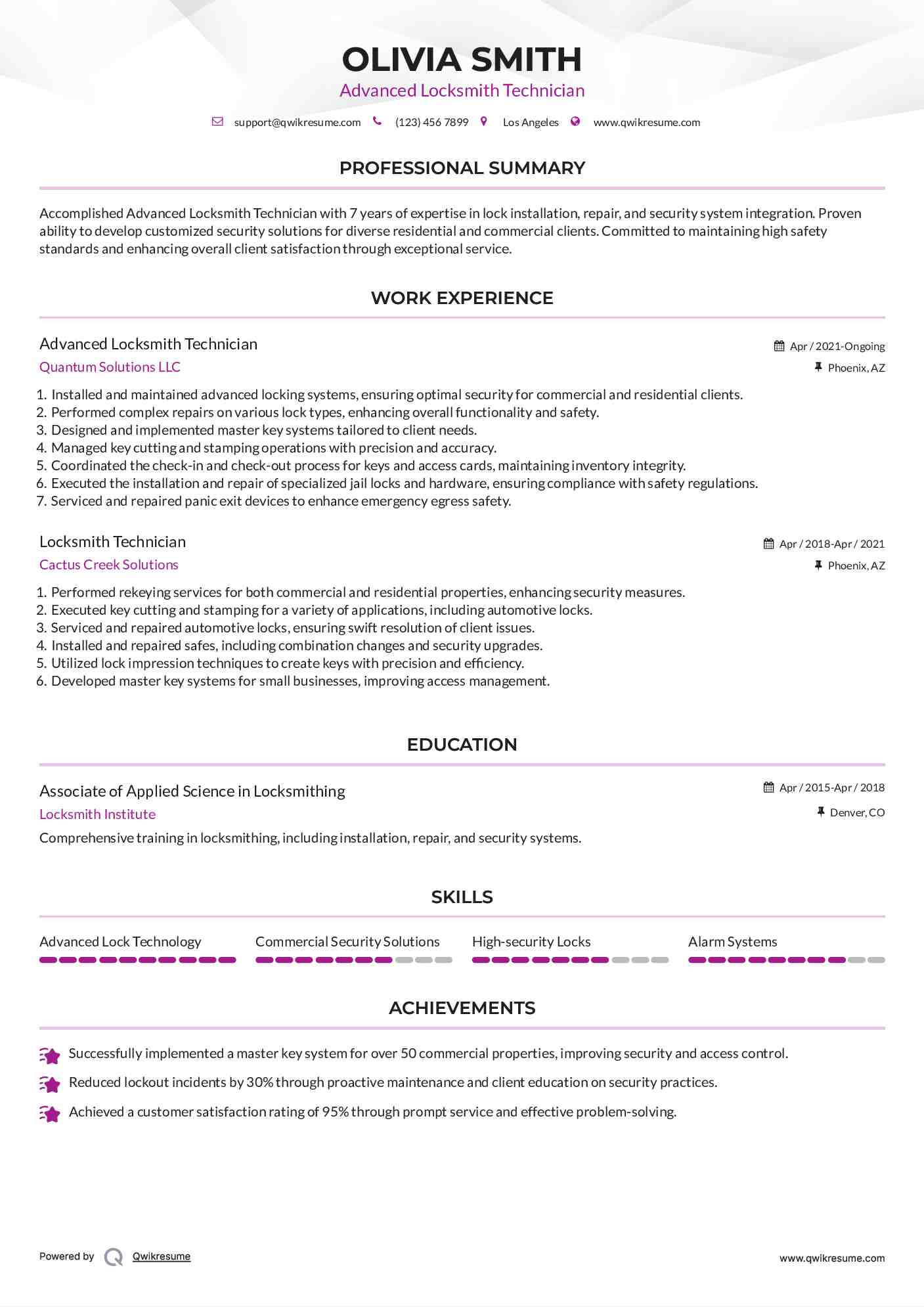 Advanced Locksmith Technician Resume Example