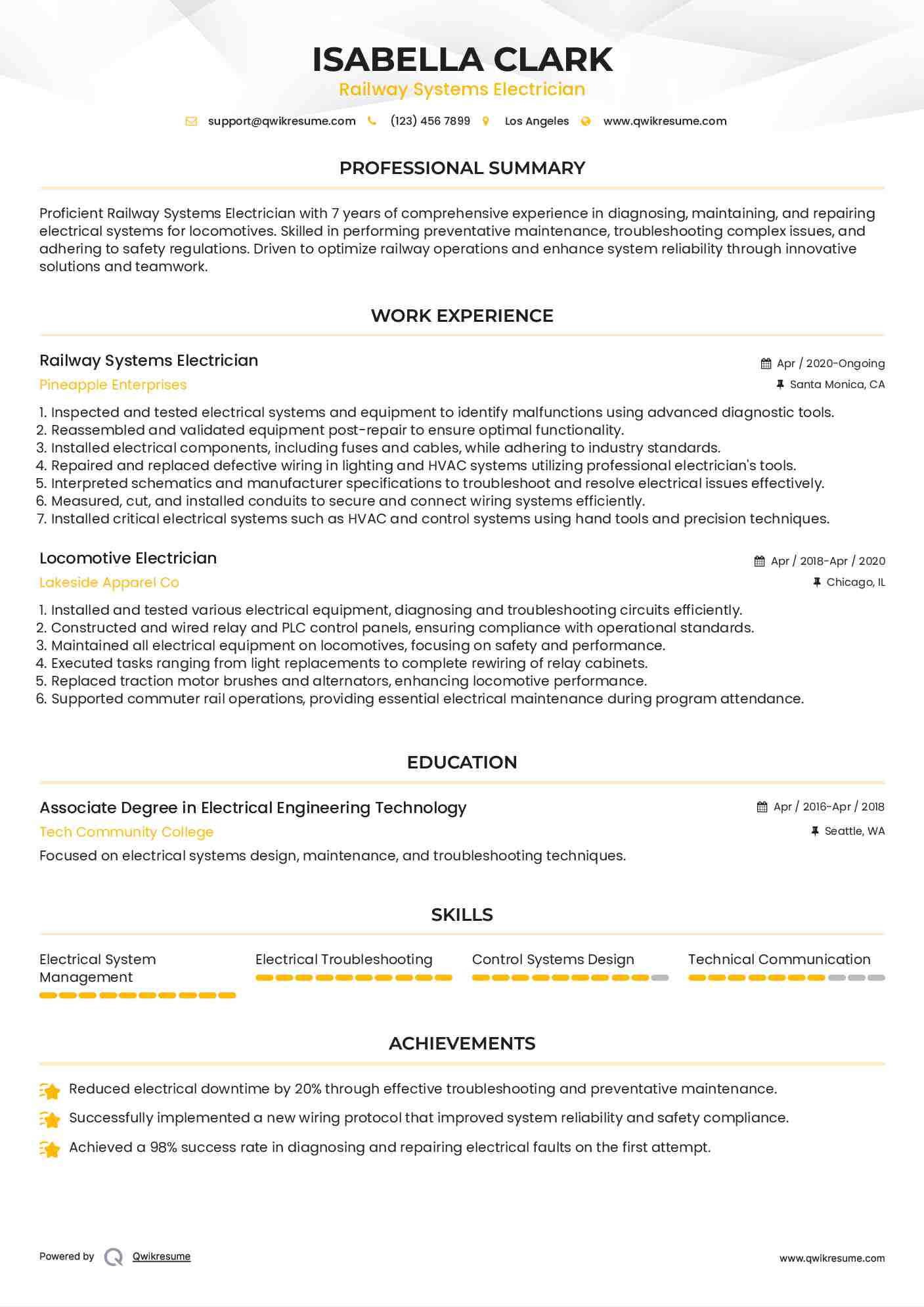 Railway Systems Electrician Resume Example