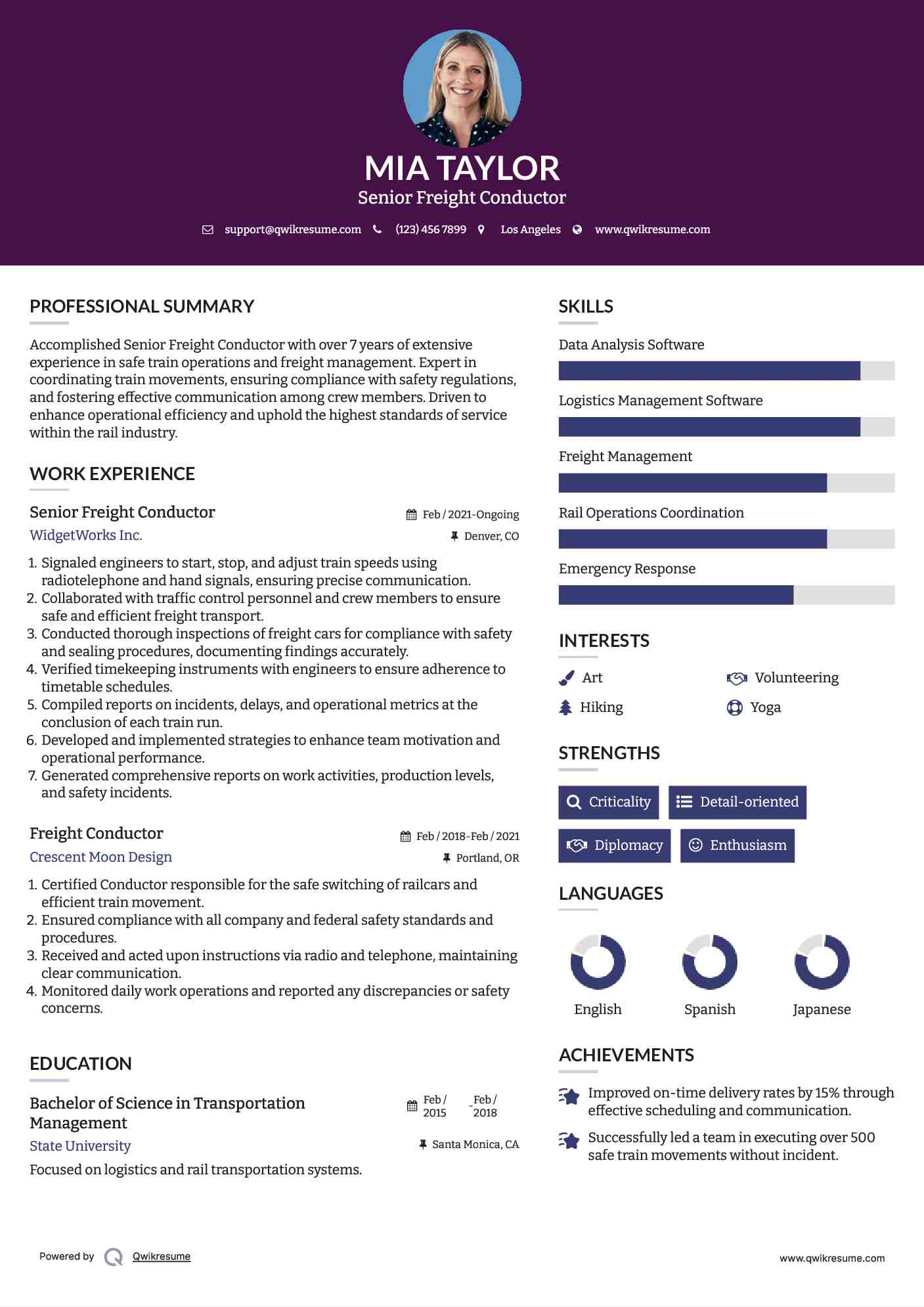 Senior Freight Conductor Resume Example