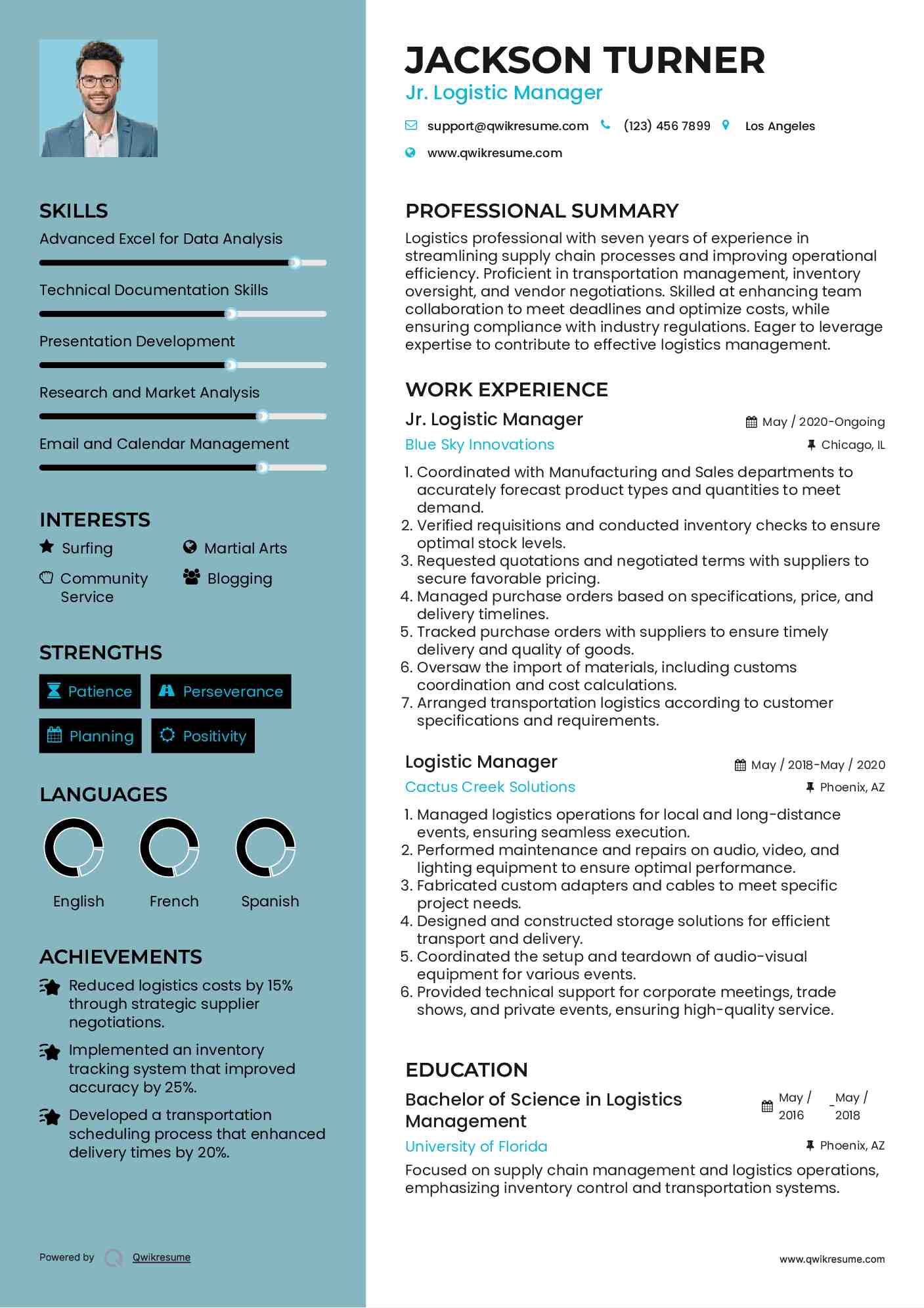 Jr. Logistic Manager Resume Example