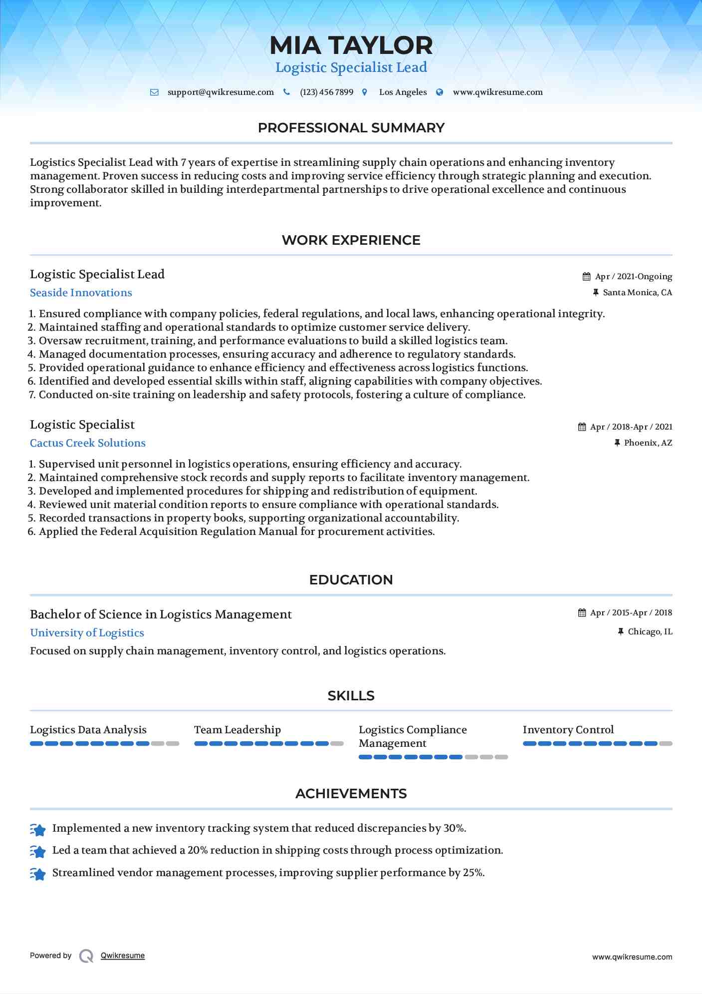 Logistic Specialist Lead Resume Format