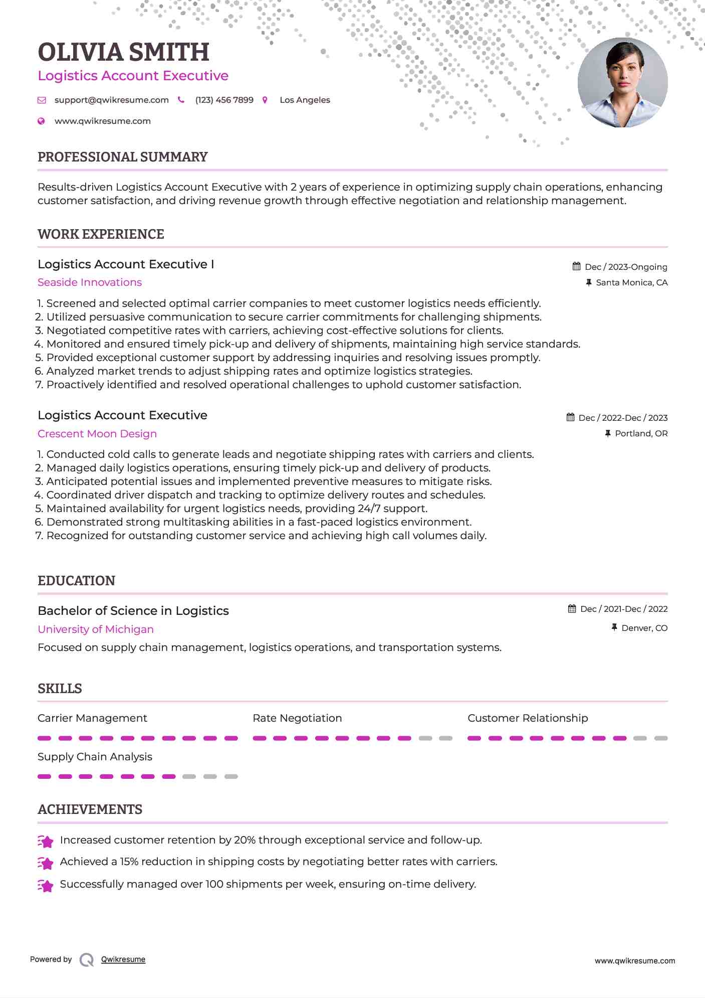 Logistics Account Executive I Resume Example