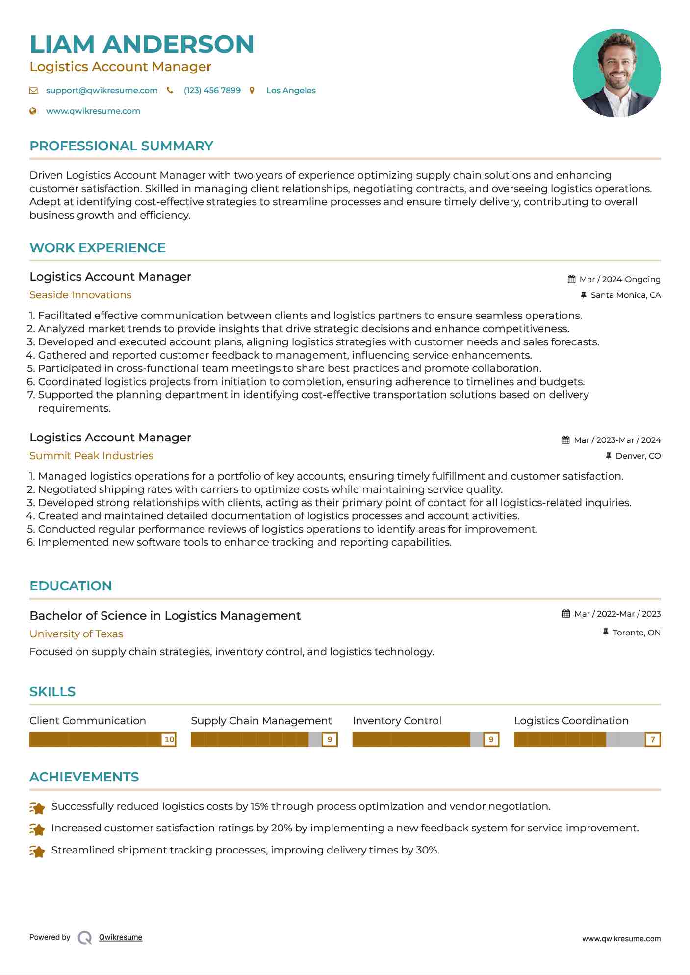 Logistics Account Manager Resume Example
