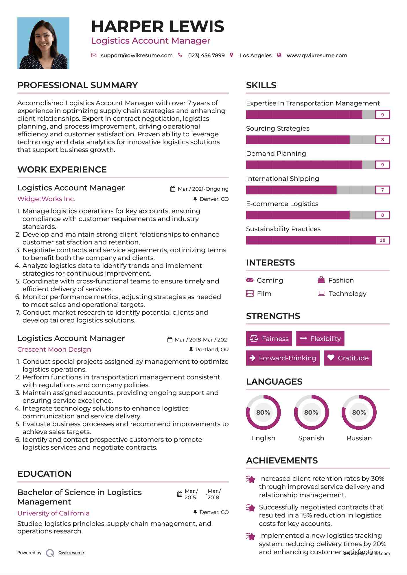 Logistics Account Manager Resume Example