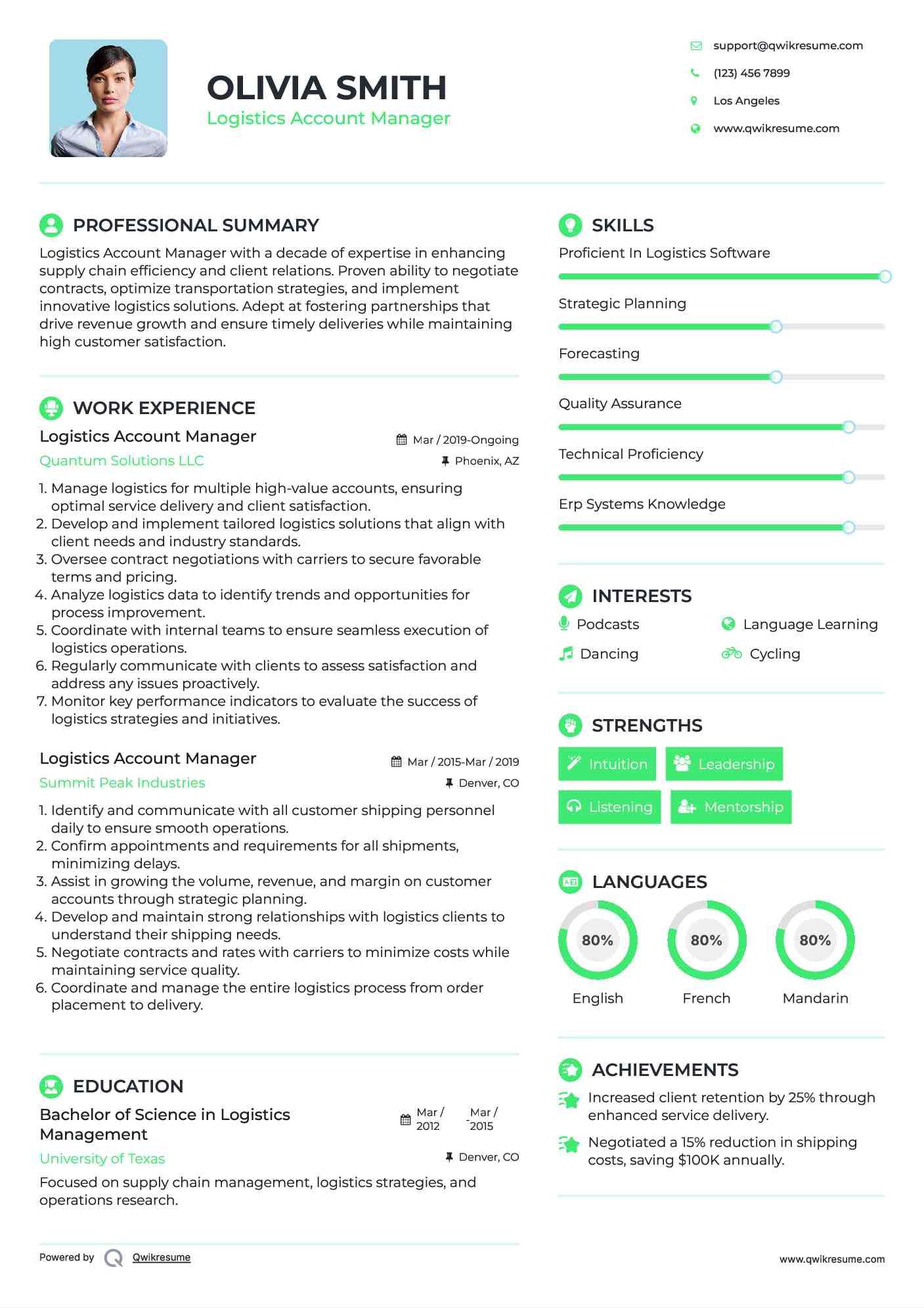 Logistics Account Manager Resume Sample