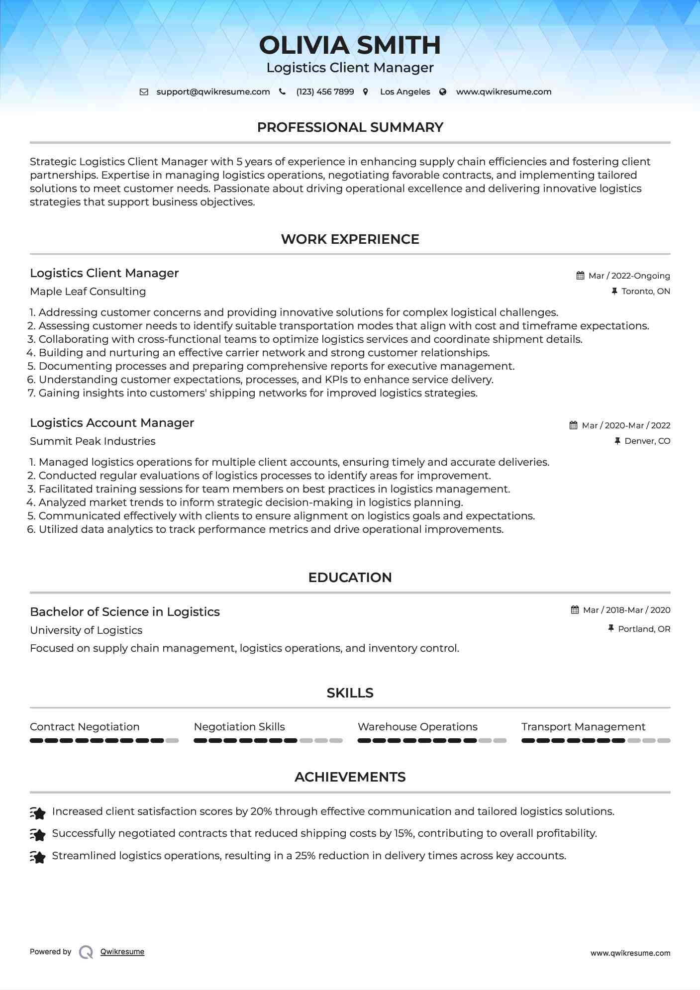 Logistics Client Manager Resume Template