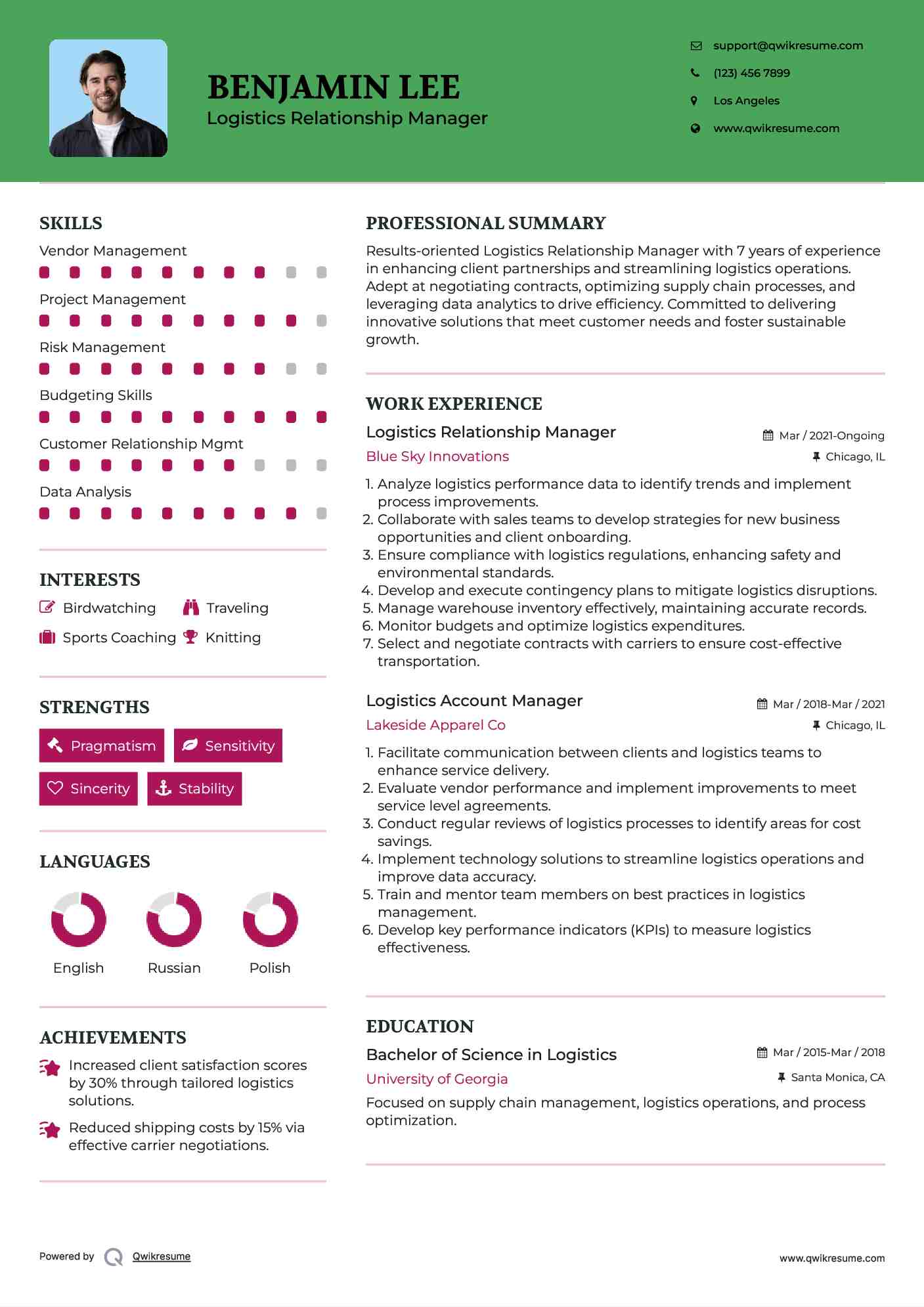 Logistics Relationship Manager Resume Model