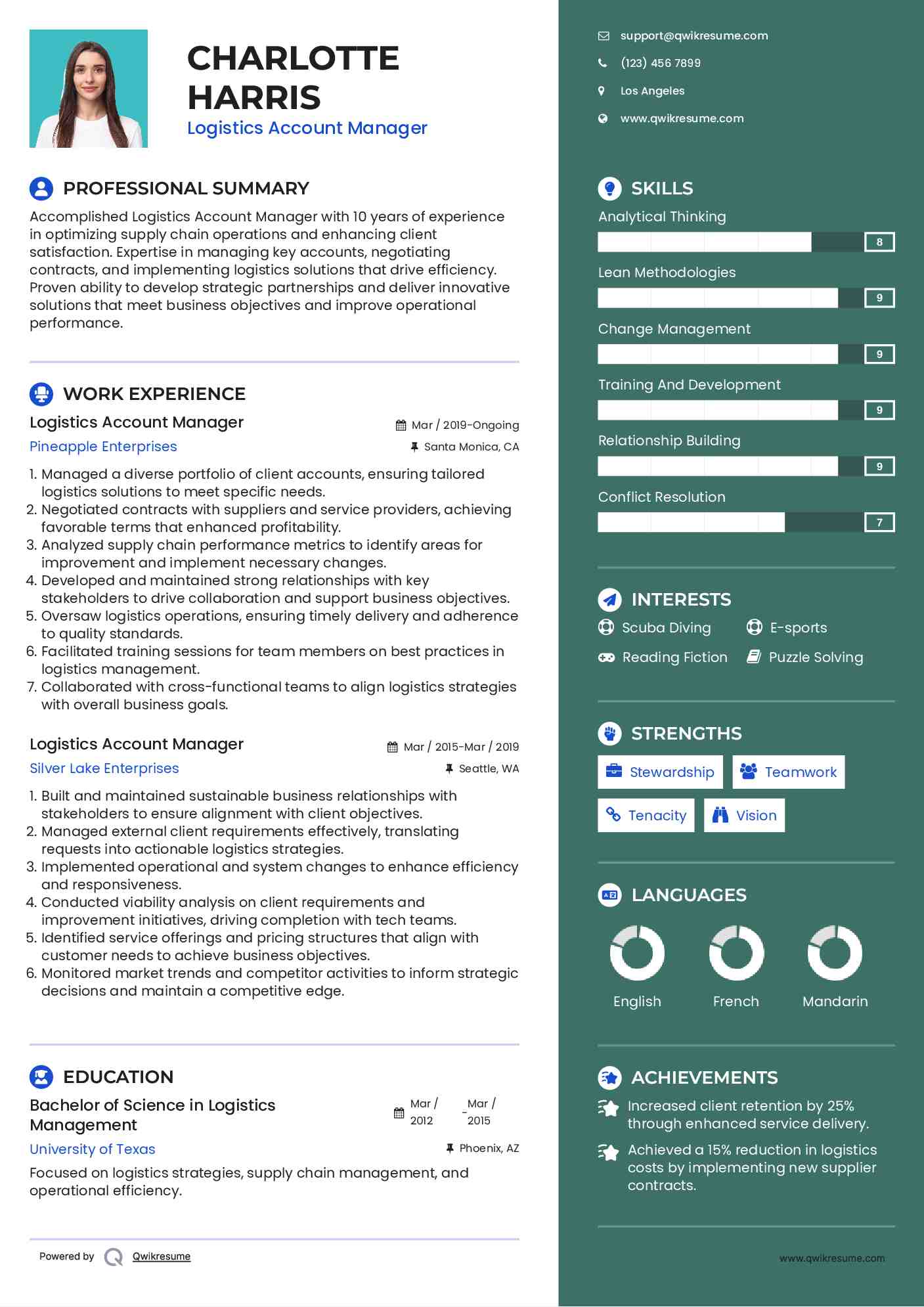 Logistics Account Manager Resume Sample