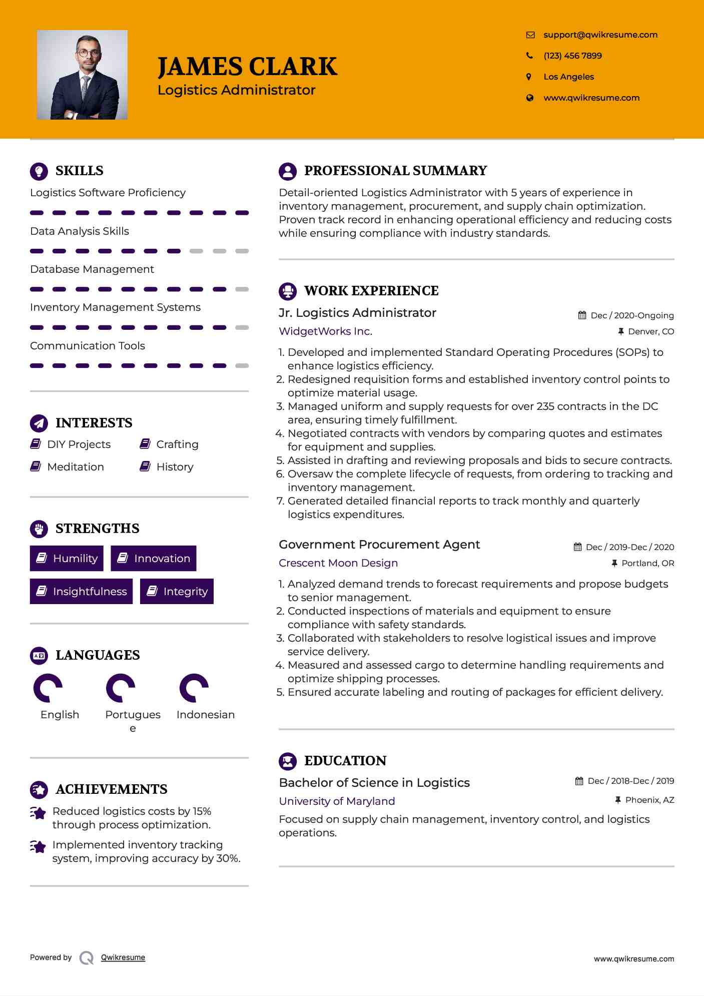 Jr. Logistics Administrator Resume Model