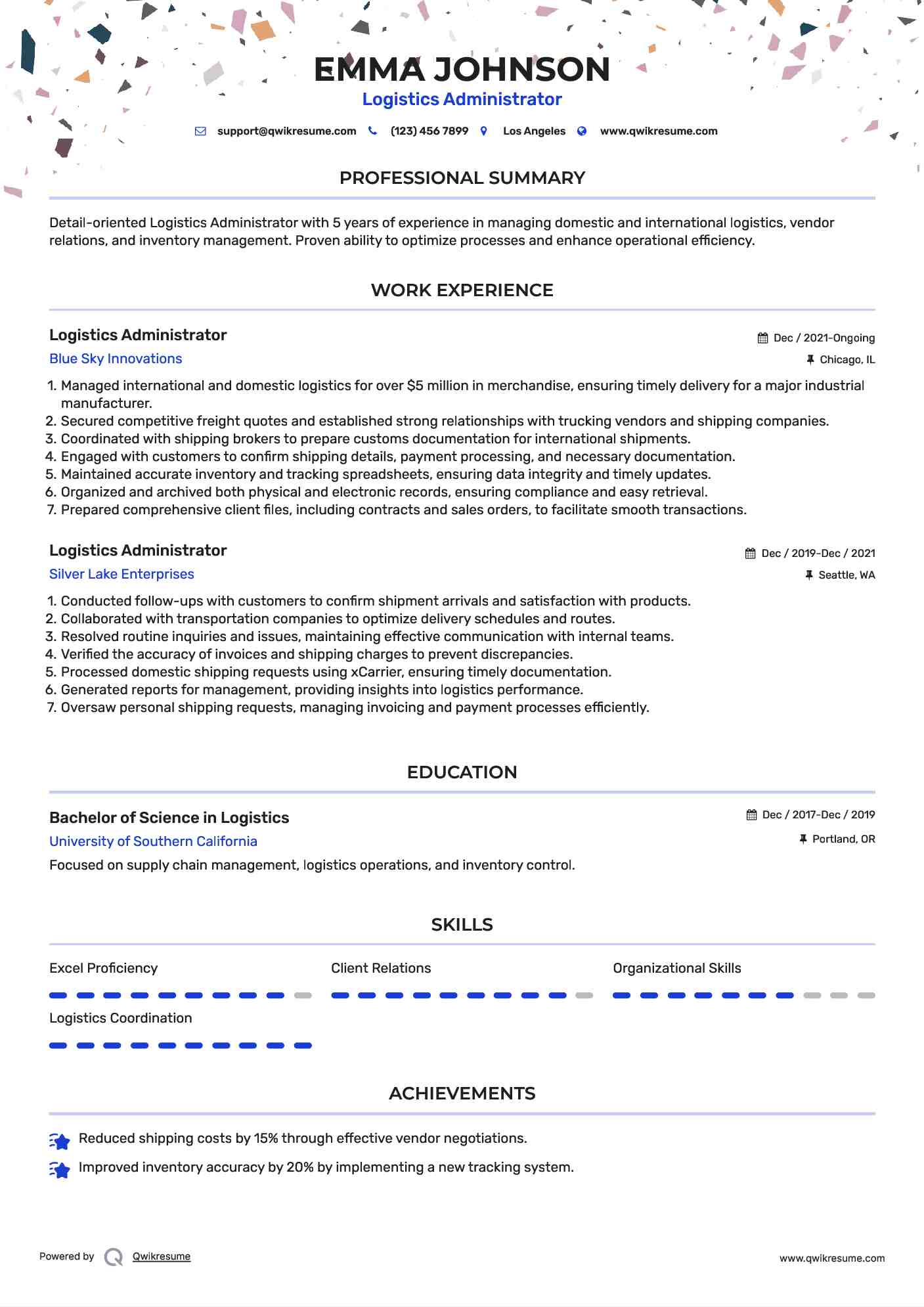 Logistics Administrator Resume Example