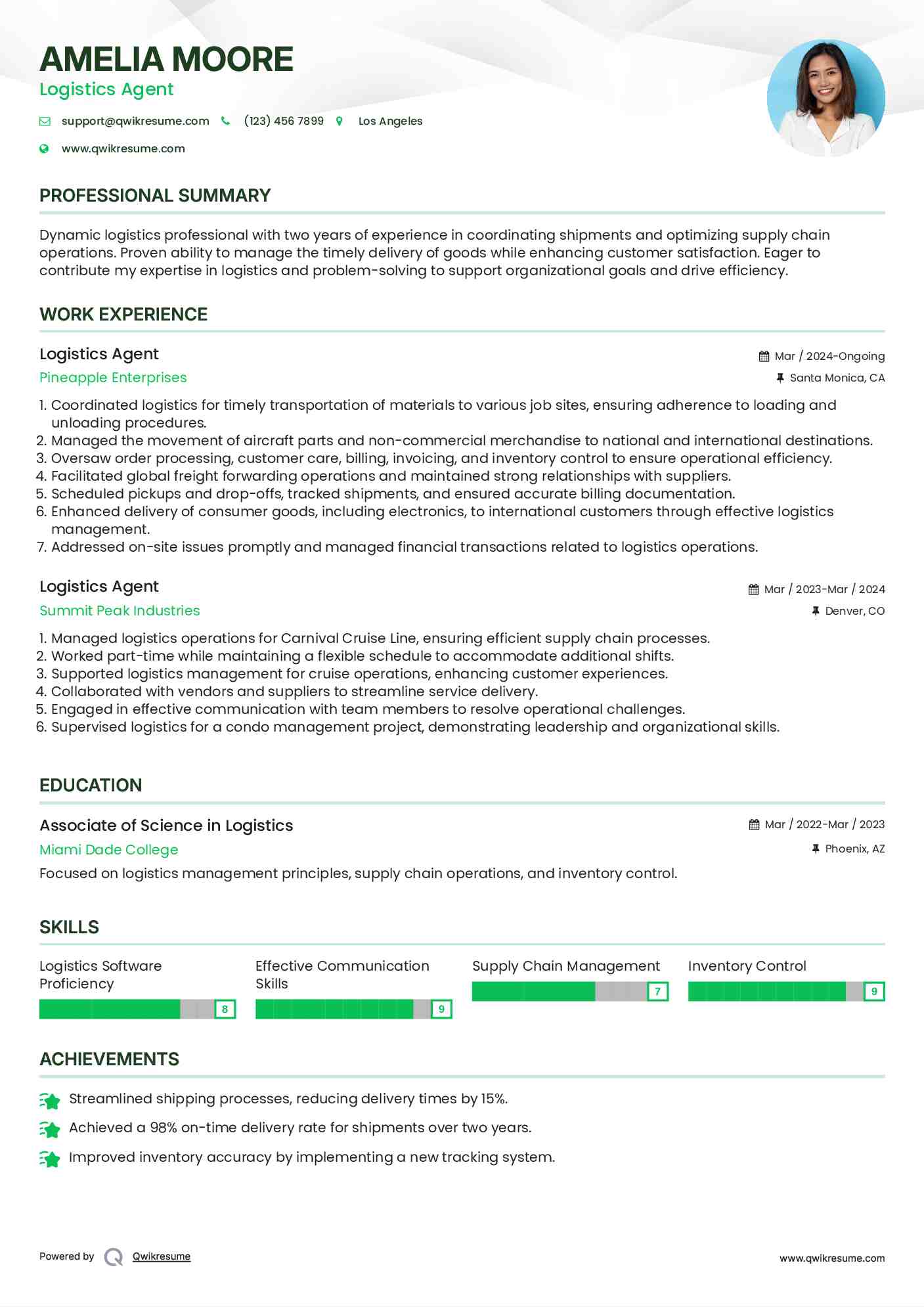 Logistics Agent Resume Example