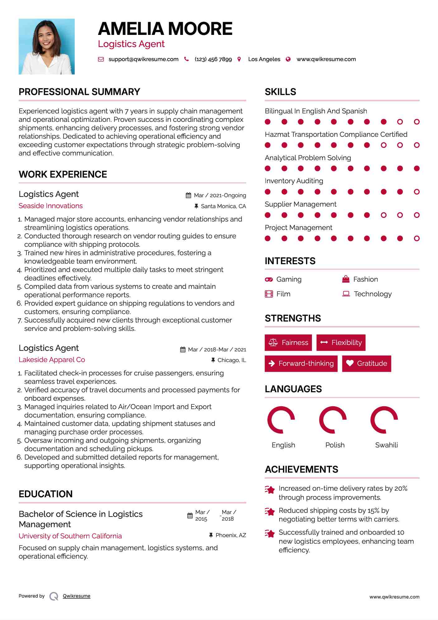 Logistics Agent Resume Format