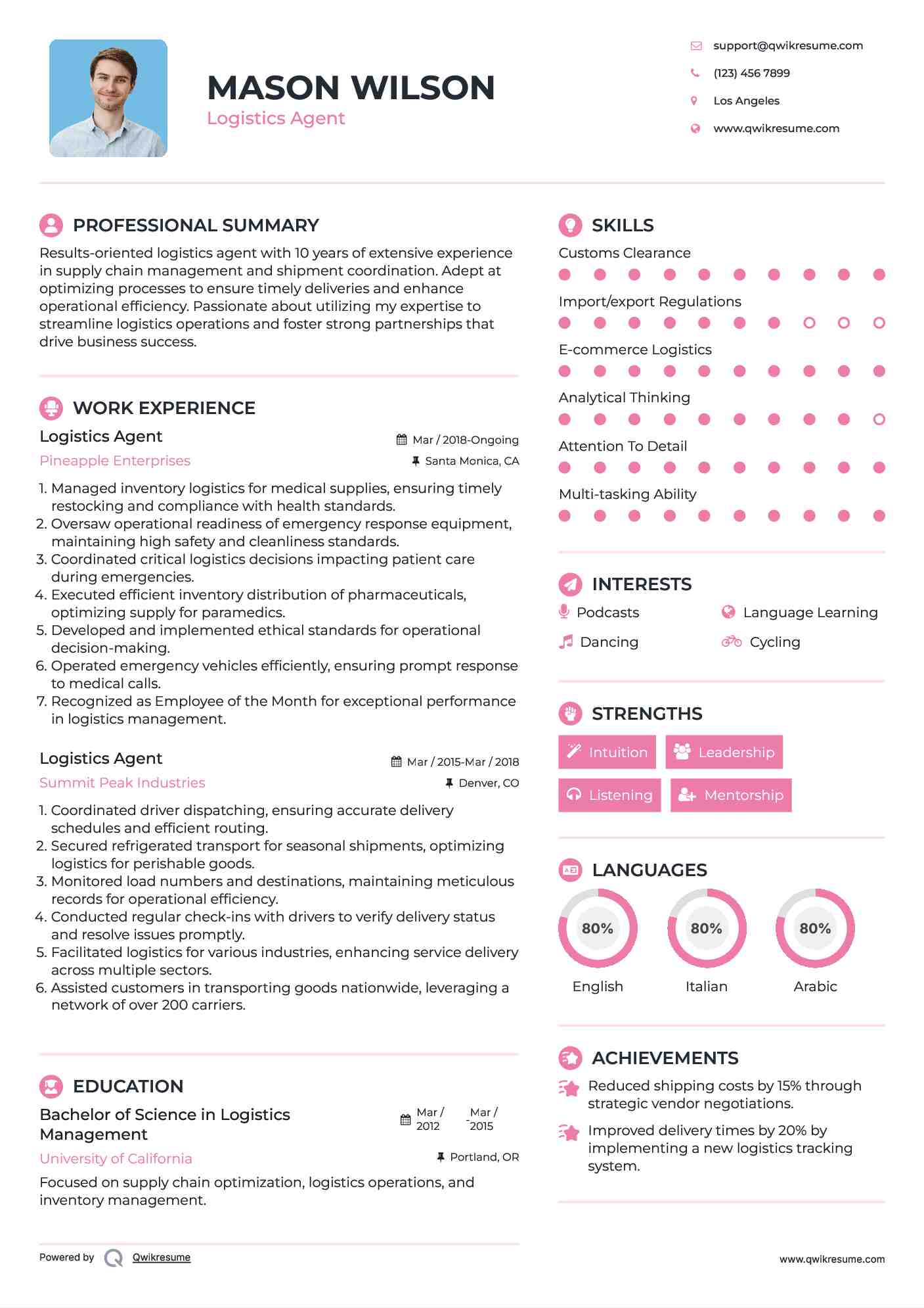 Logistics Agent Resume Sample