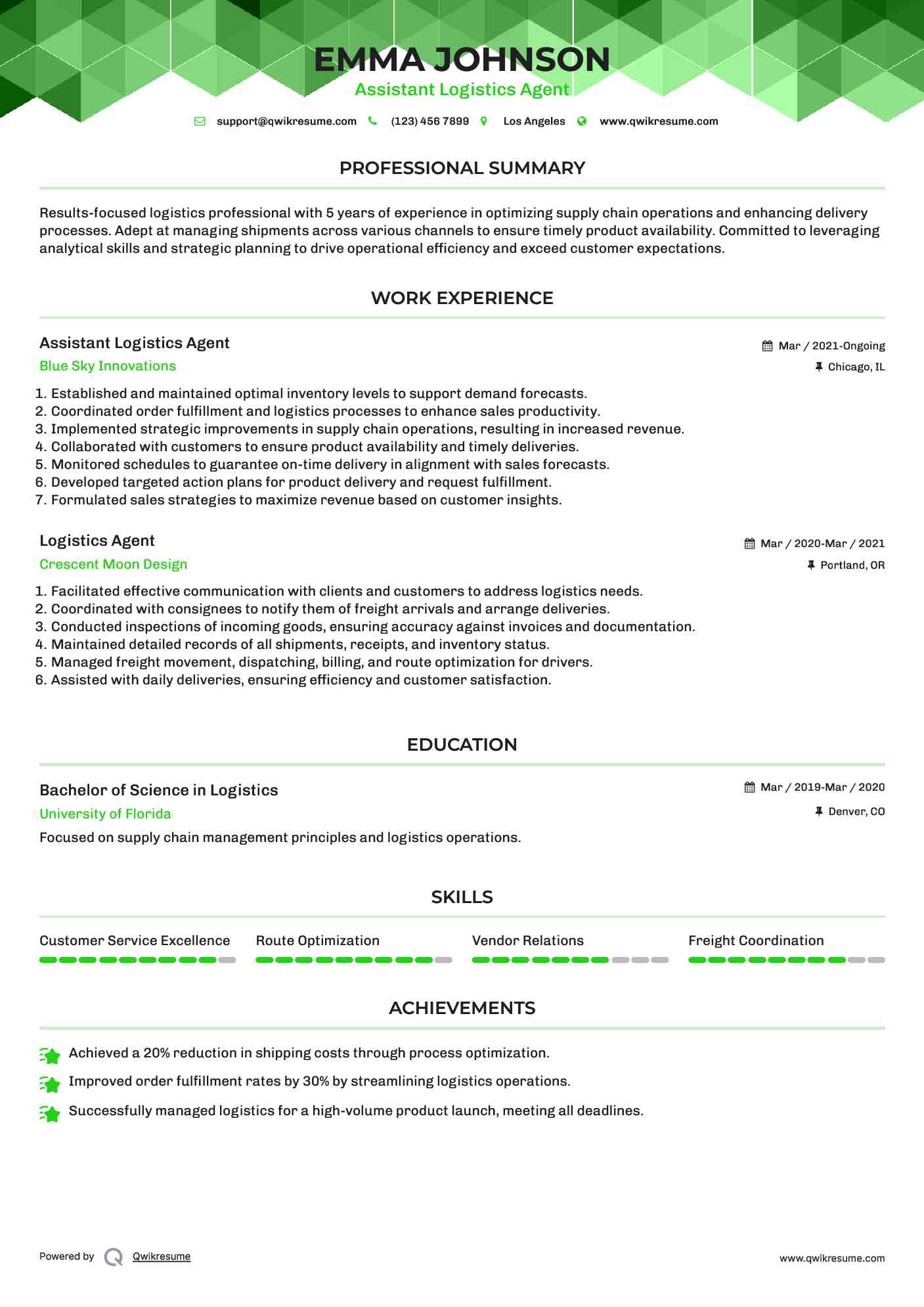 Assistant Logistics Agent Resume Template