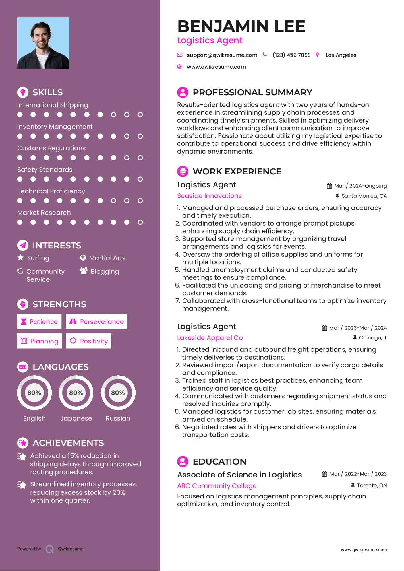 Logistics Agent Resume Template