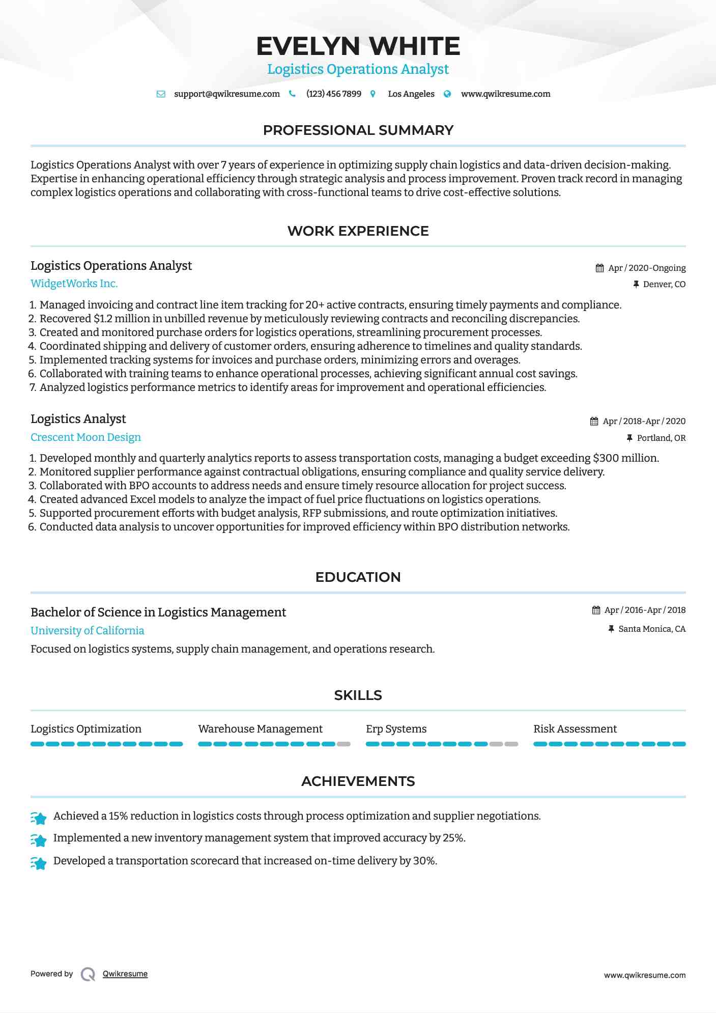 Logistics Operations Analyst Resume Example