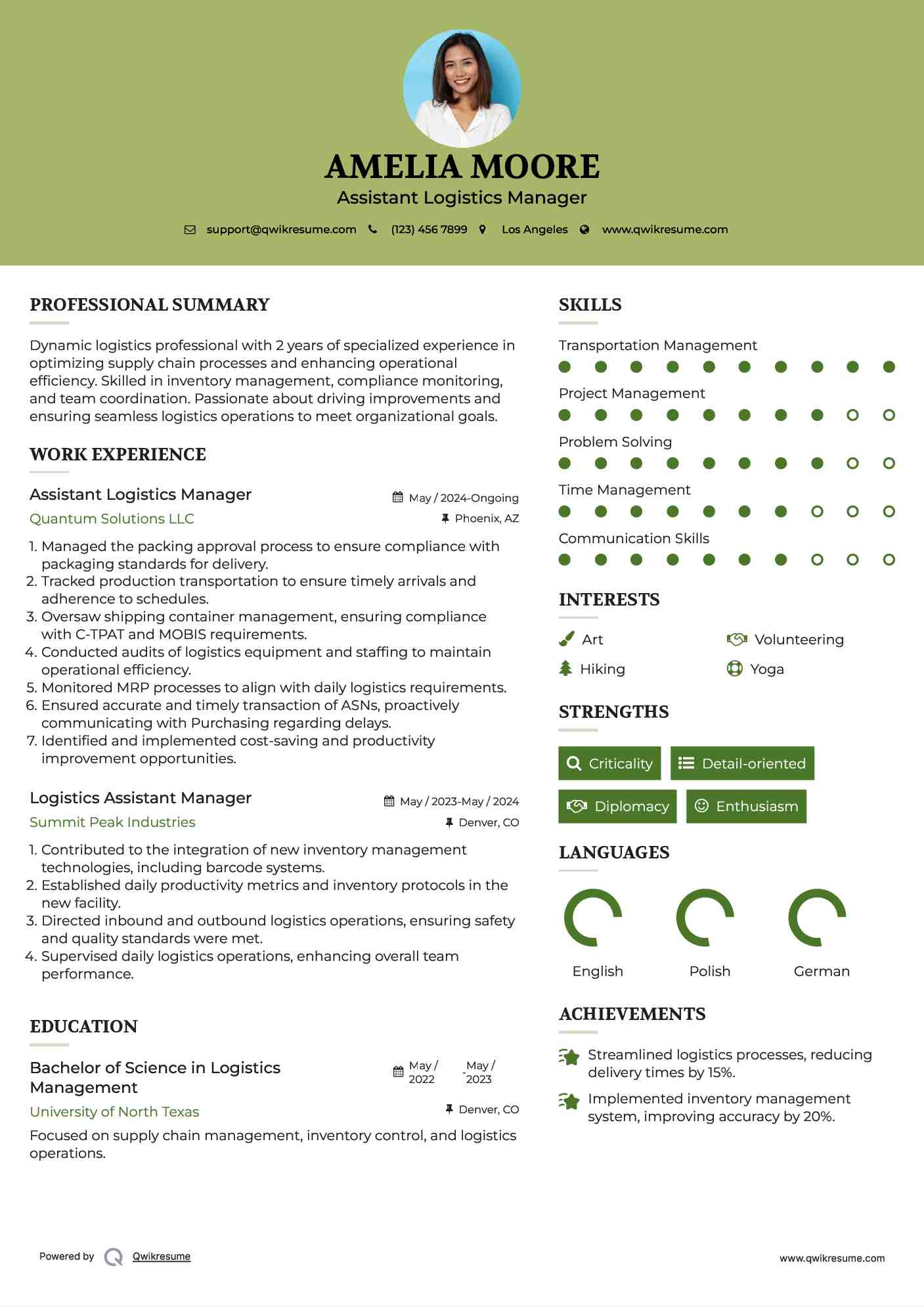 Assistant Logistics Manager Resume Sample