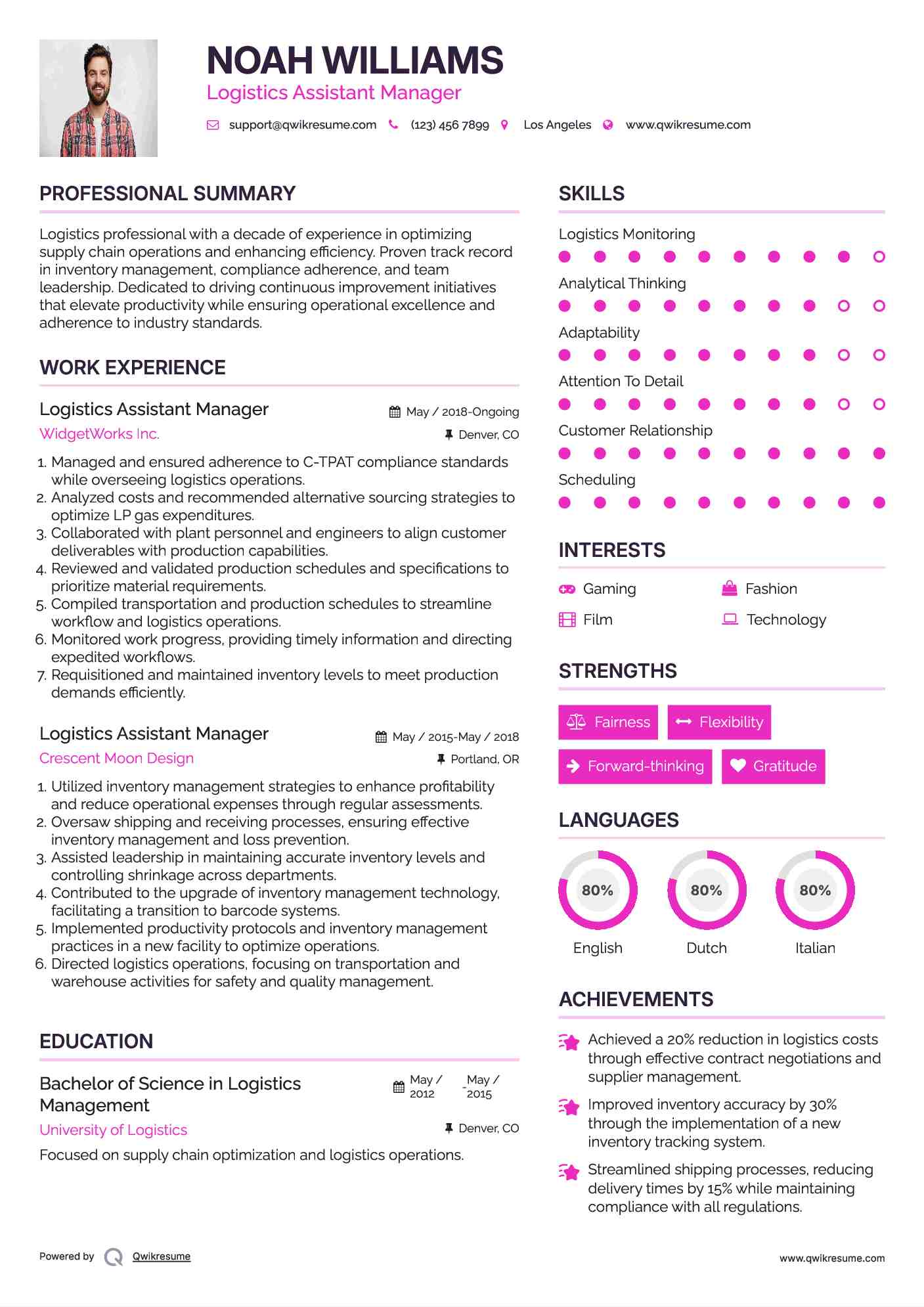 Logistics Assistant Manager Resume Sample