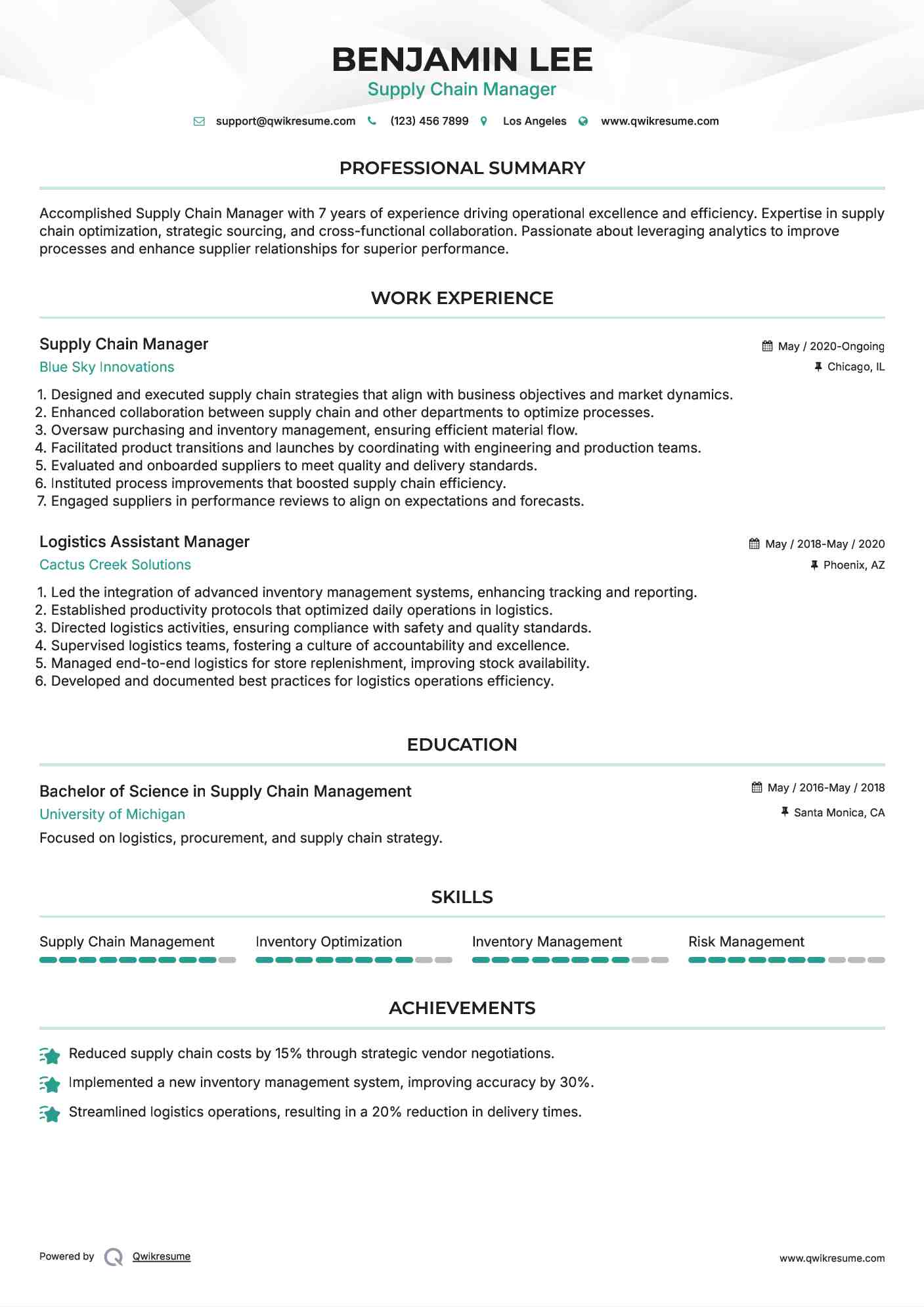 Supply Chain Manager Resume Example