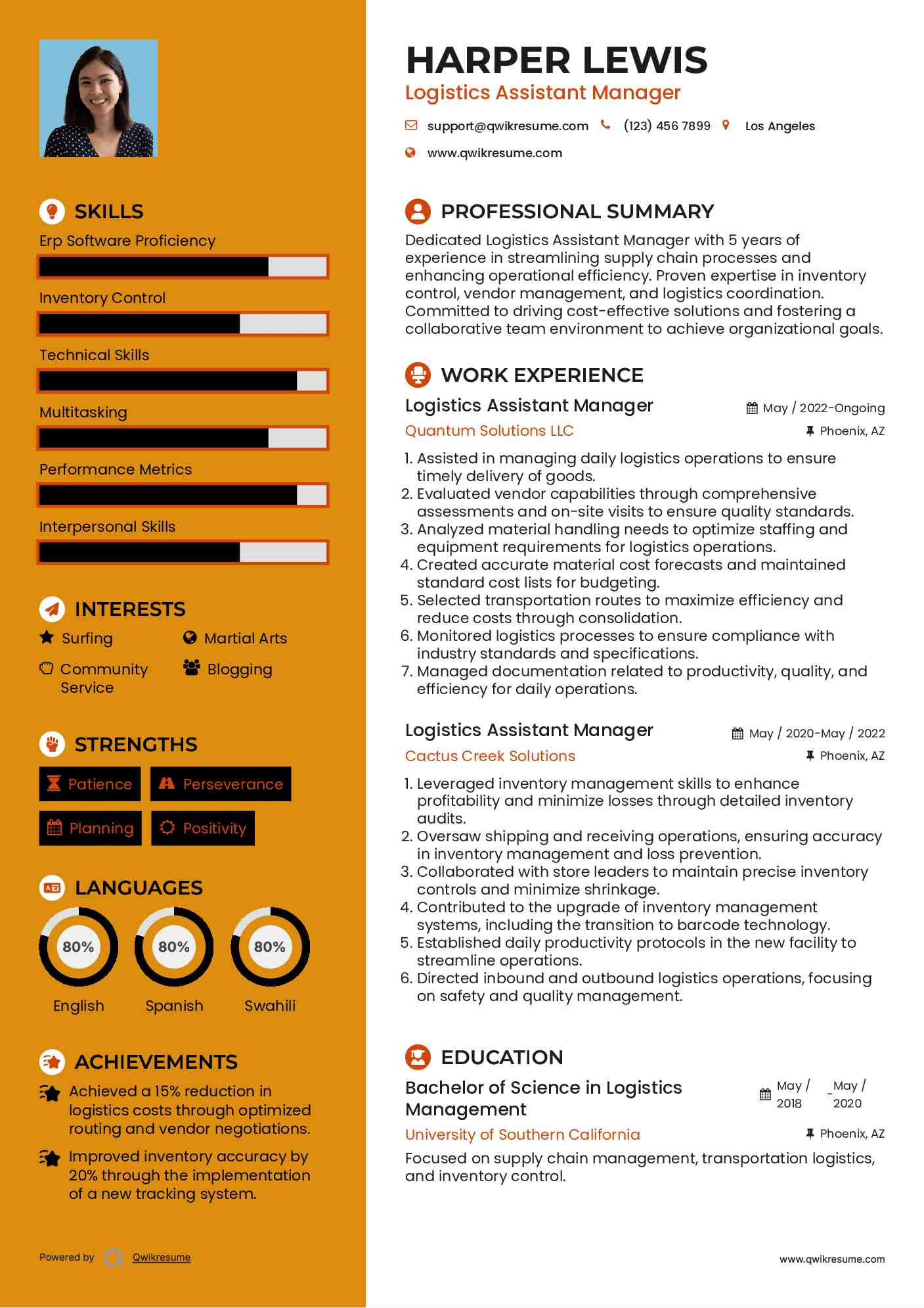 Logistics Assistant Manager Resume Example