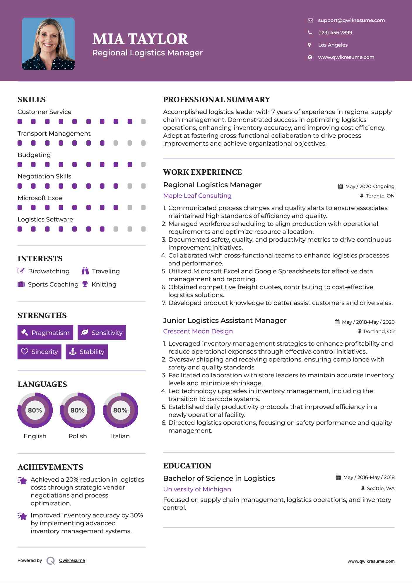 Regional Logistics Manager Resume Model