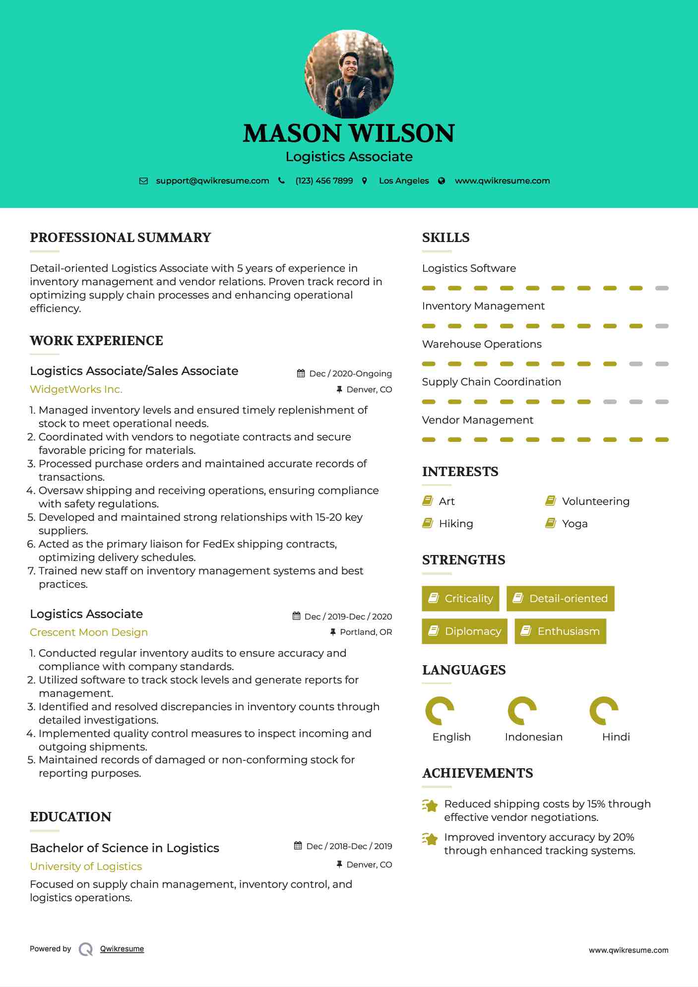 Logistics Associate/Sales Associate Resume Format