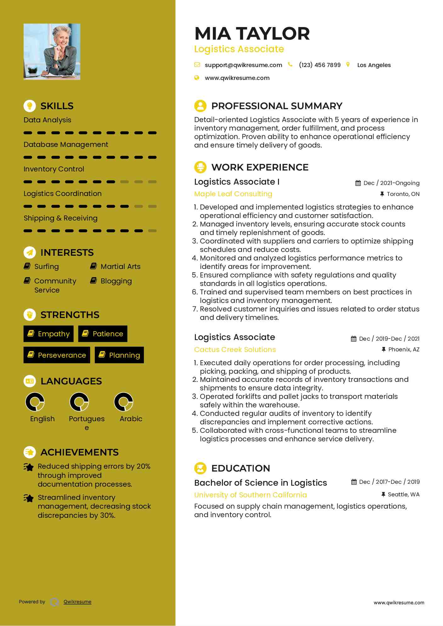 Logistics Associate I Resume Sample