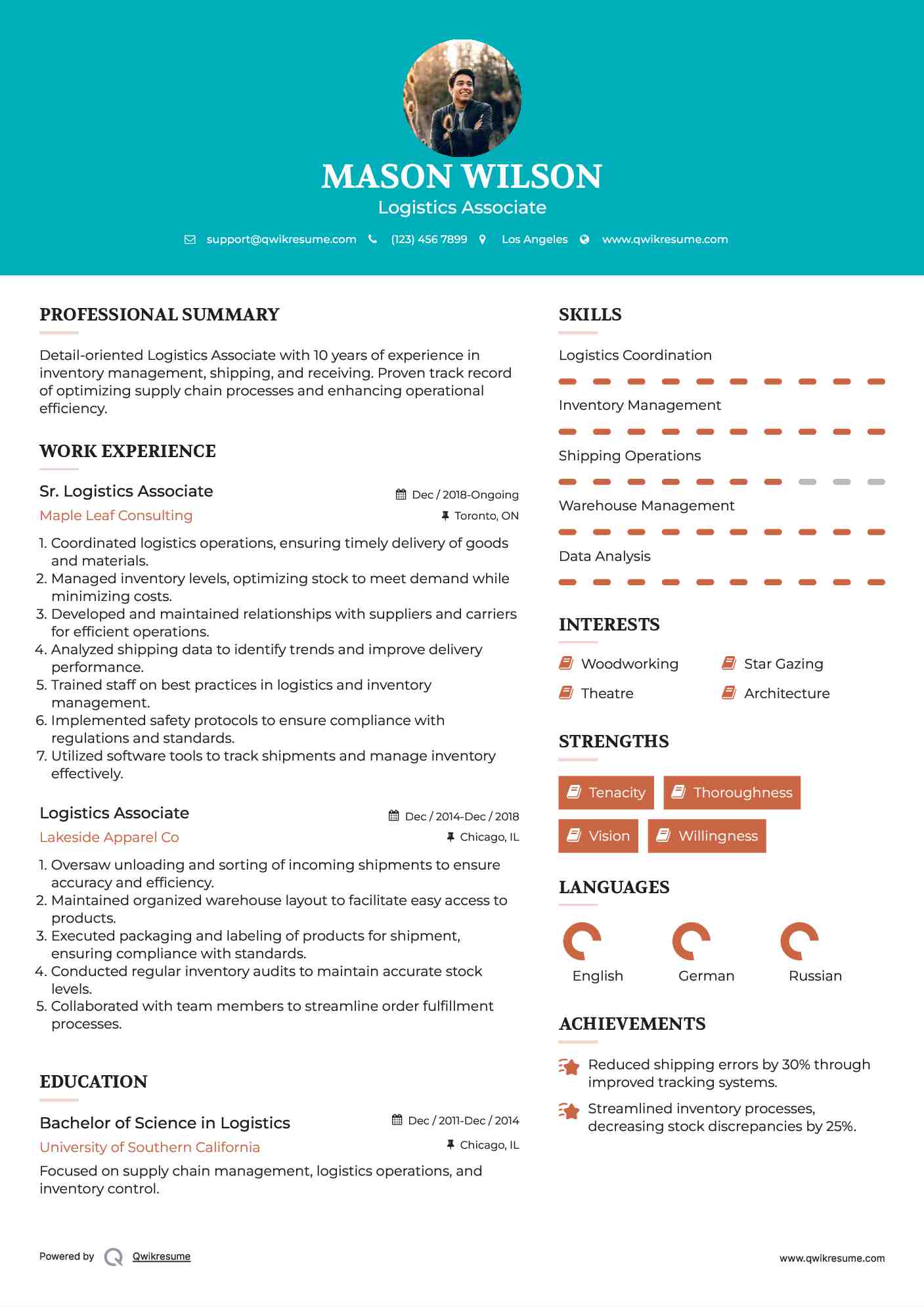 Sr. Logistics Associate Resume Example