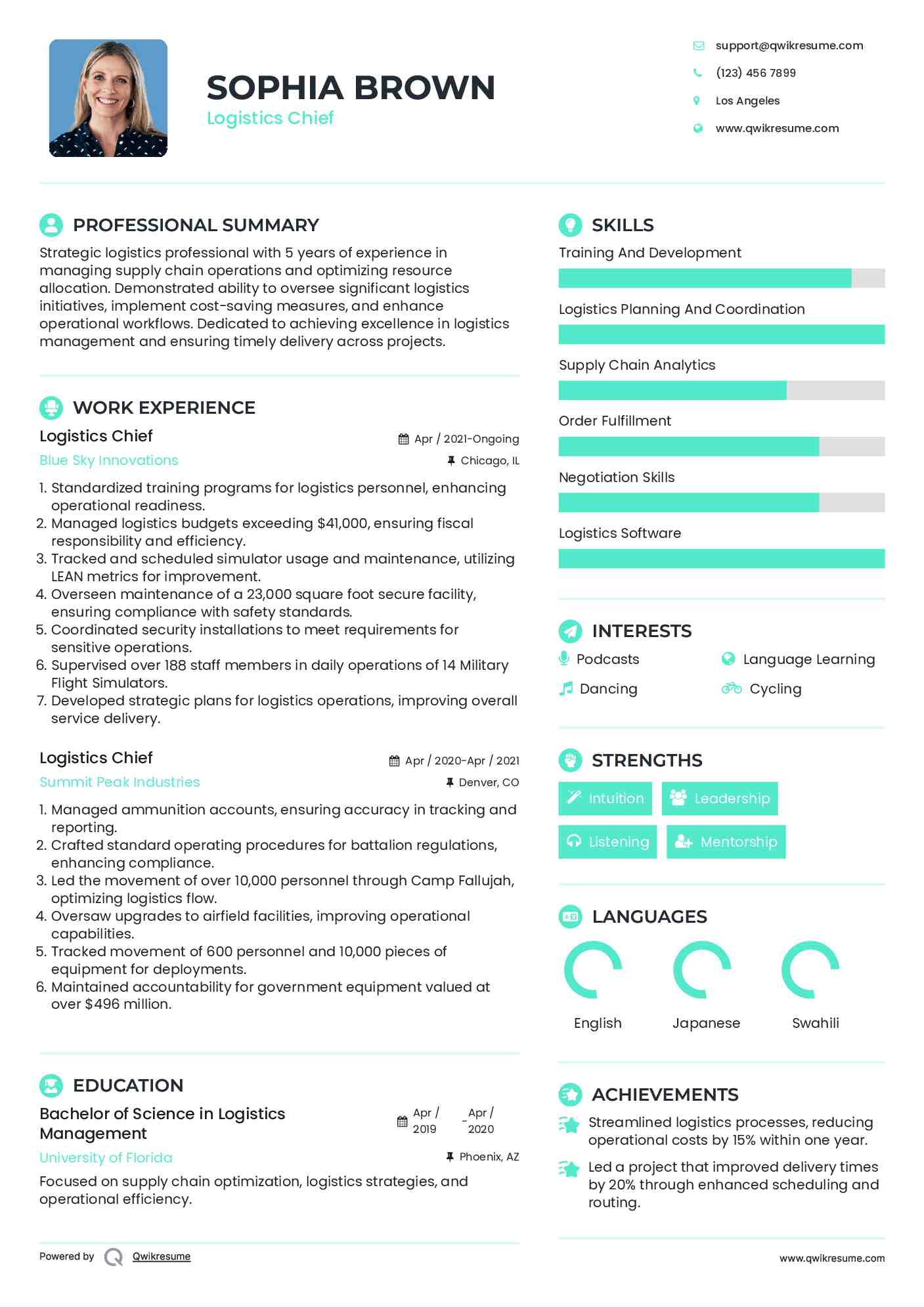 Logistics Chief Resume Template