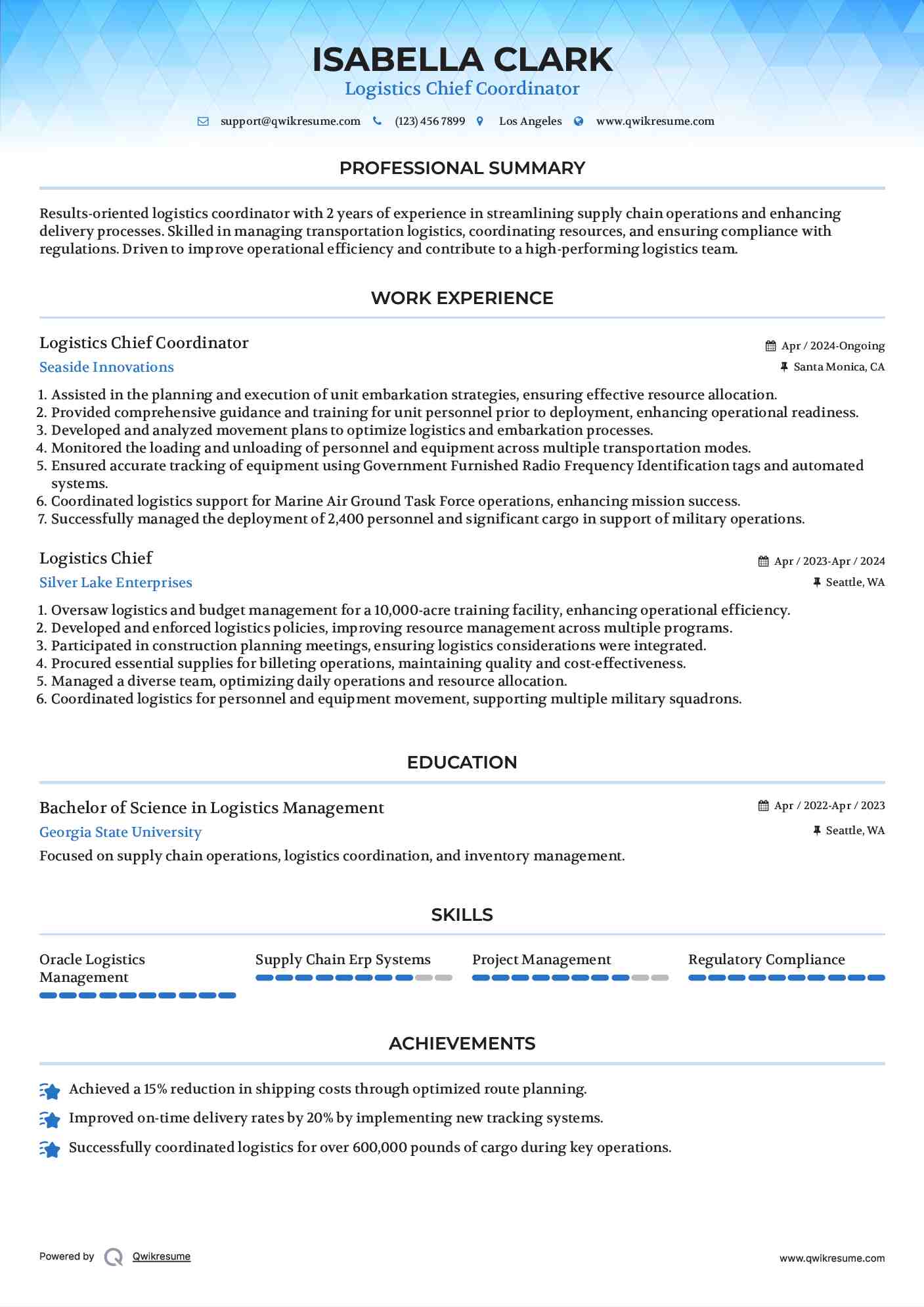 Logistics Chief Coordinator Resume Model