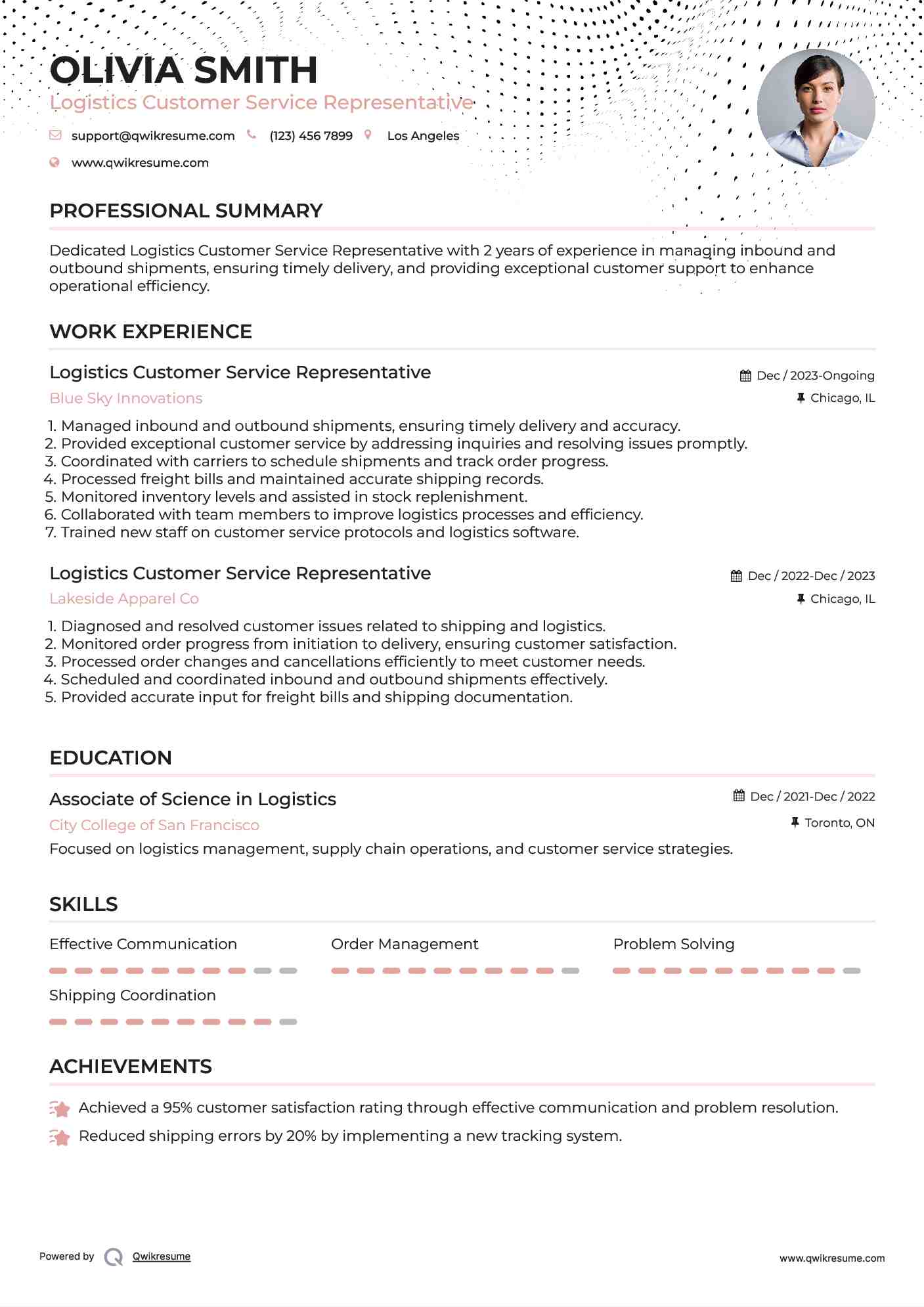 Logistics Customer Service Representative Resume Example