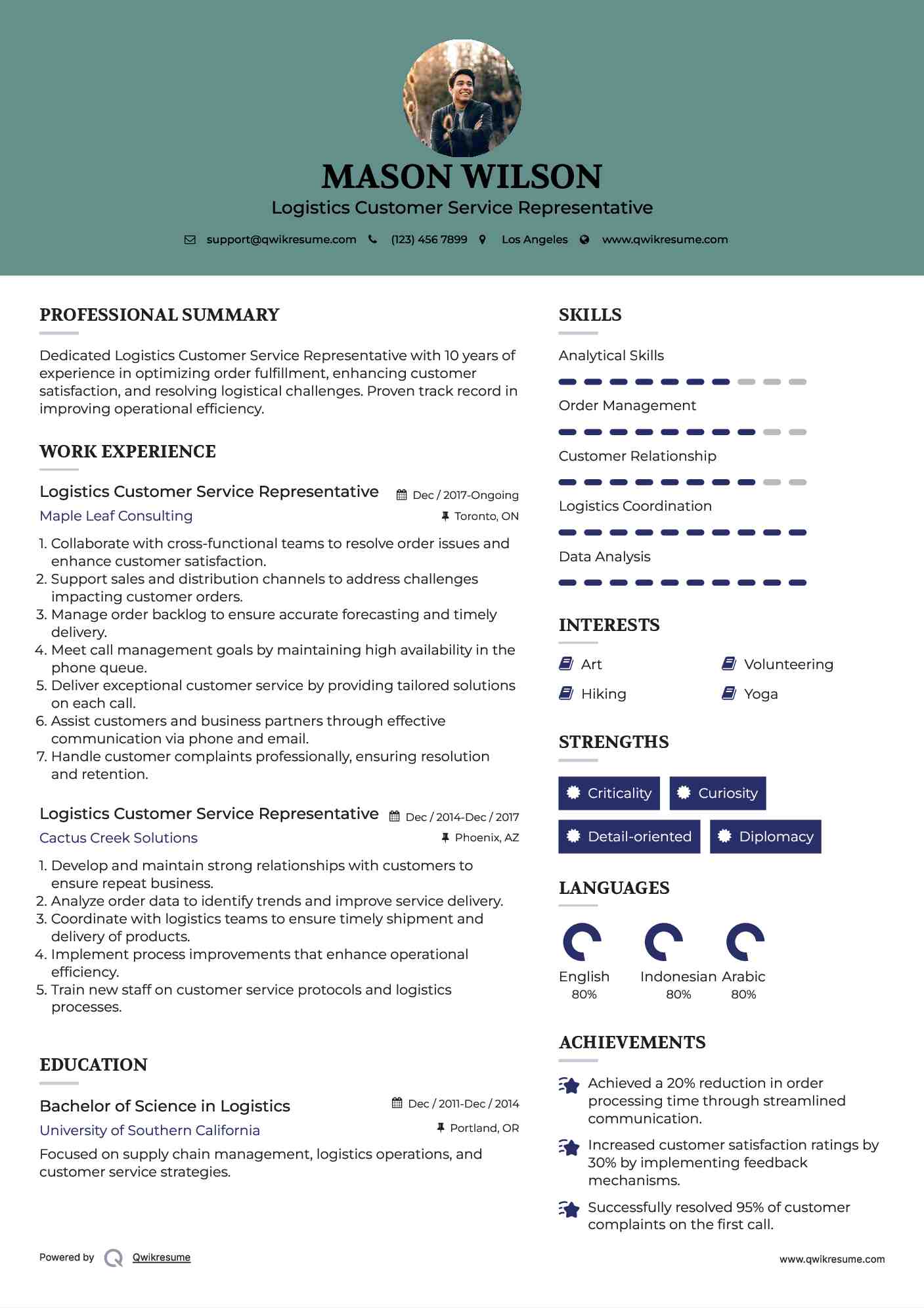 Logistics Customer Service Representative Resume Model