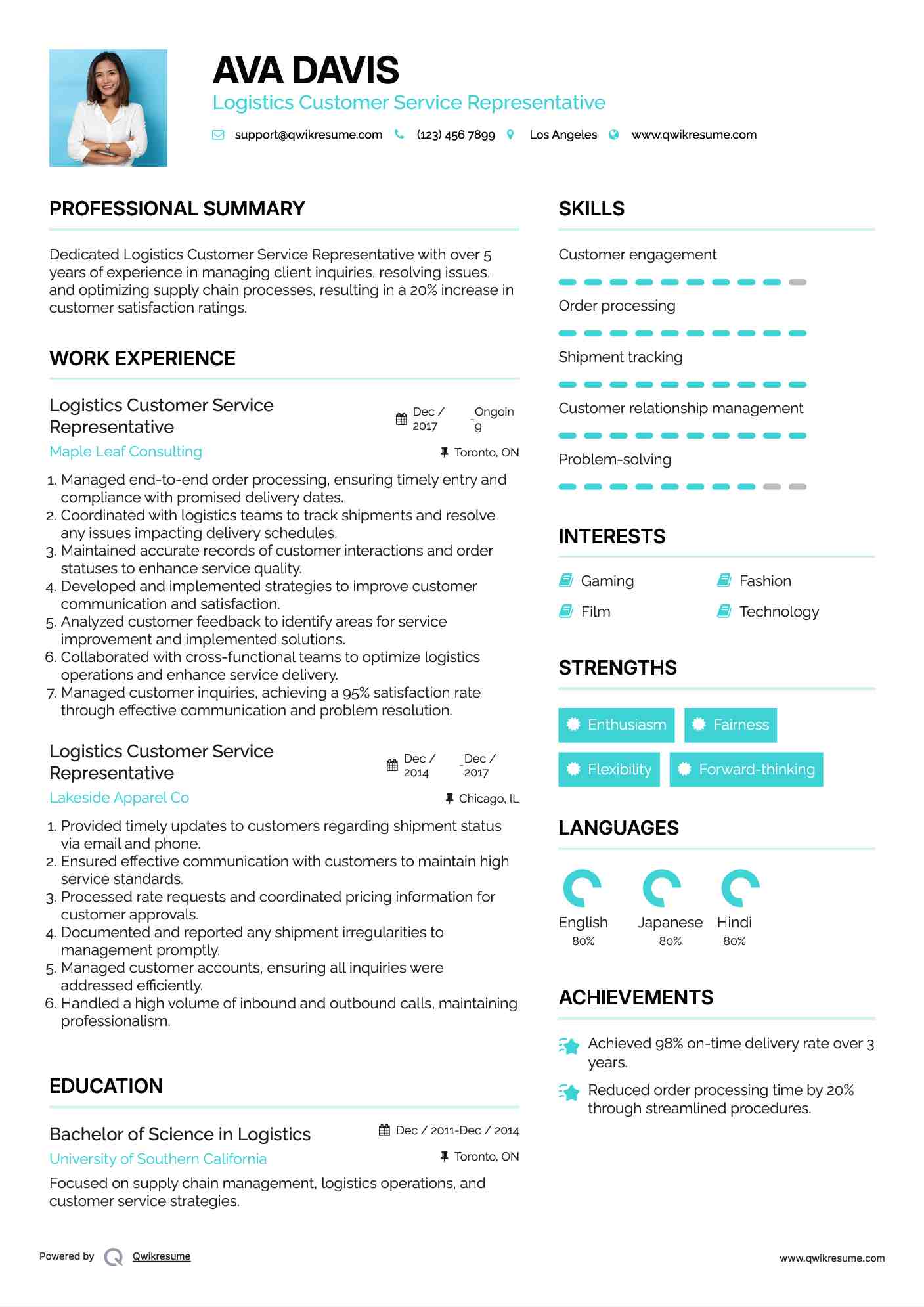 Logistics Customer Service Representative Resume Template