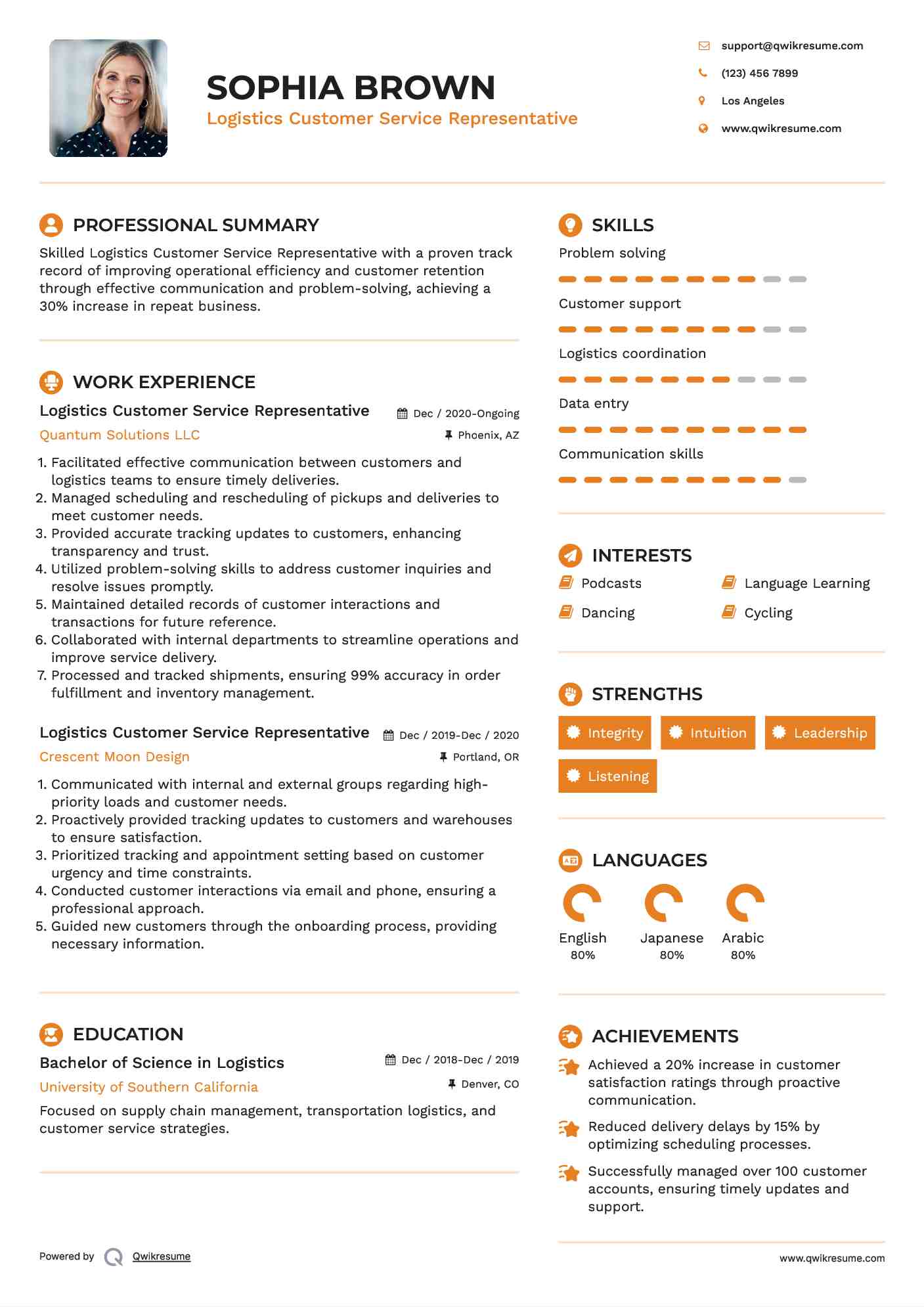 Logistics Customer Service Representative Resume Template