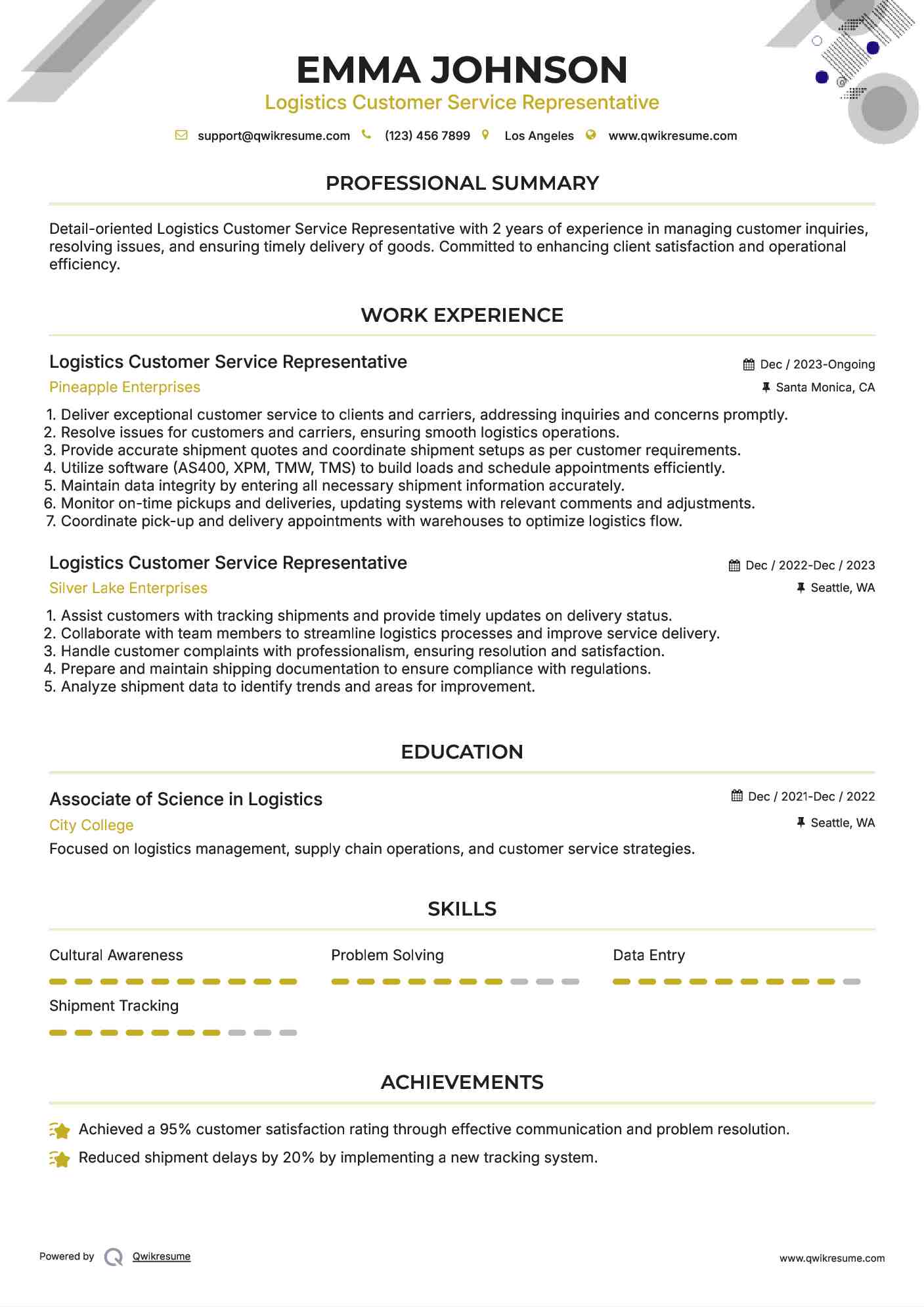 Logistics Customer Service Representative Resume Example