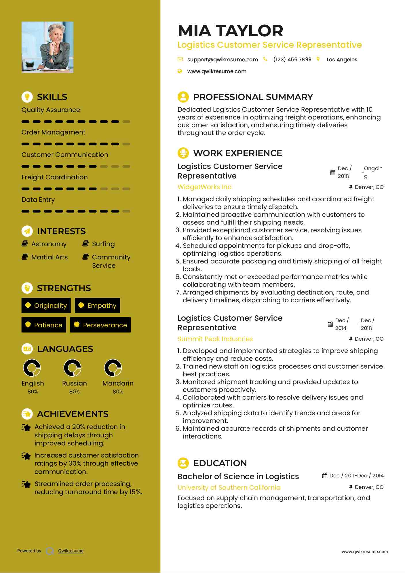 Logistics Customer Service Representative Resume Template