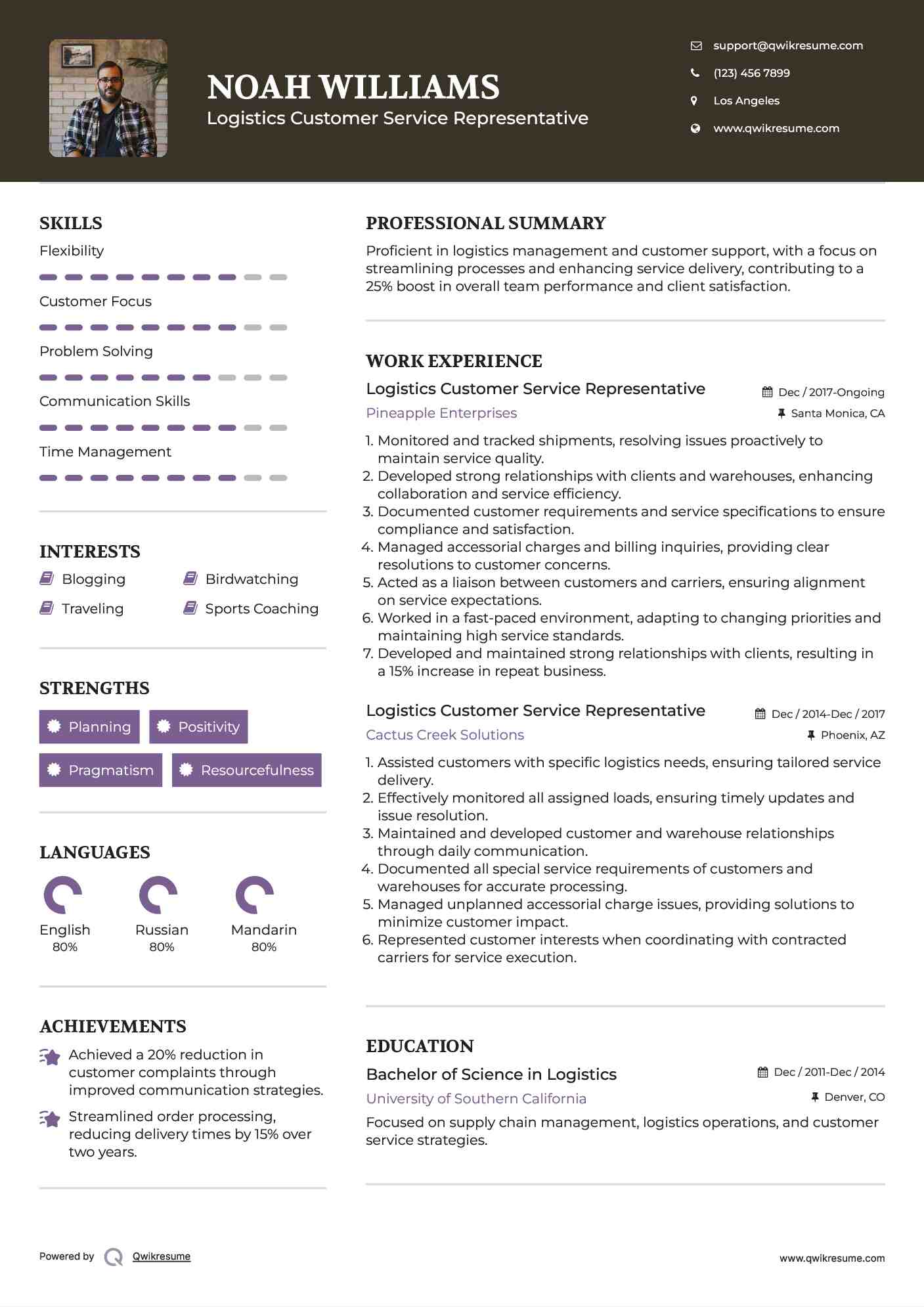 Logistics Customer Service Representative Resume Sample