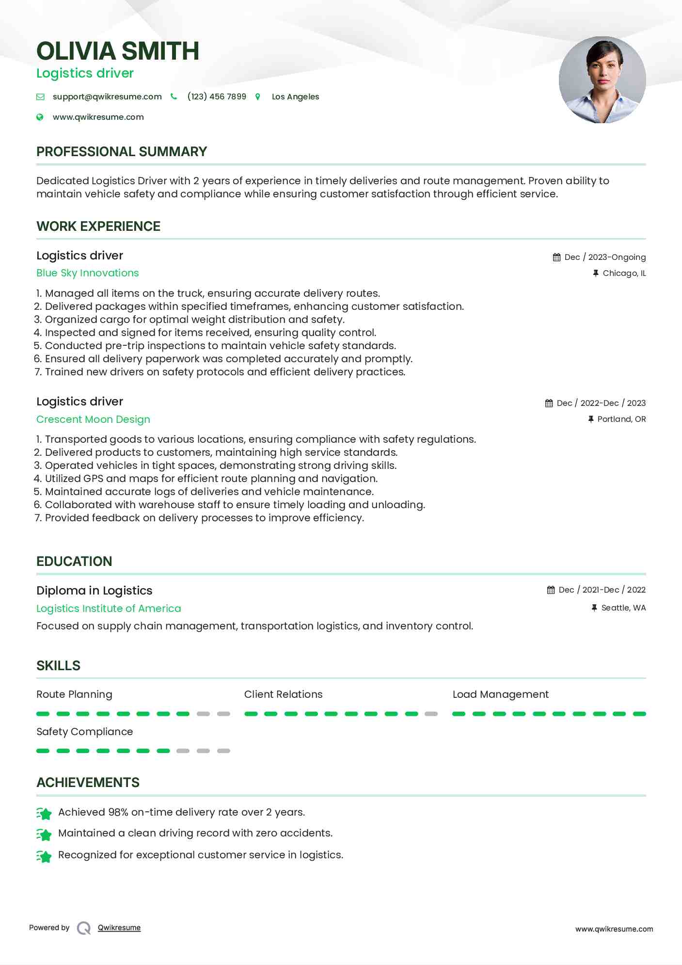Logistics driver Resume Template