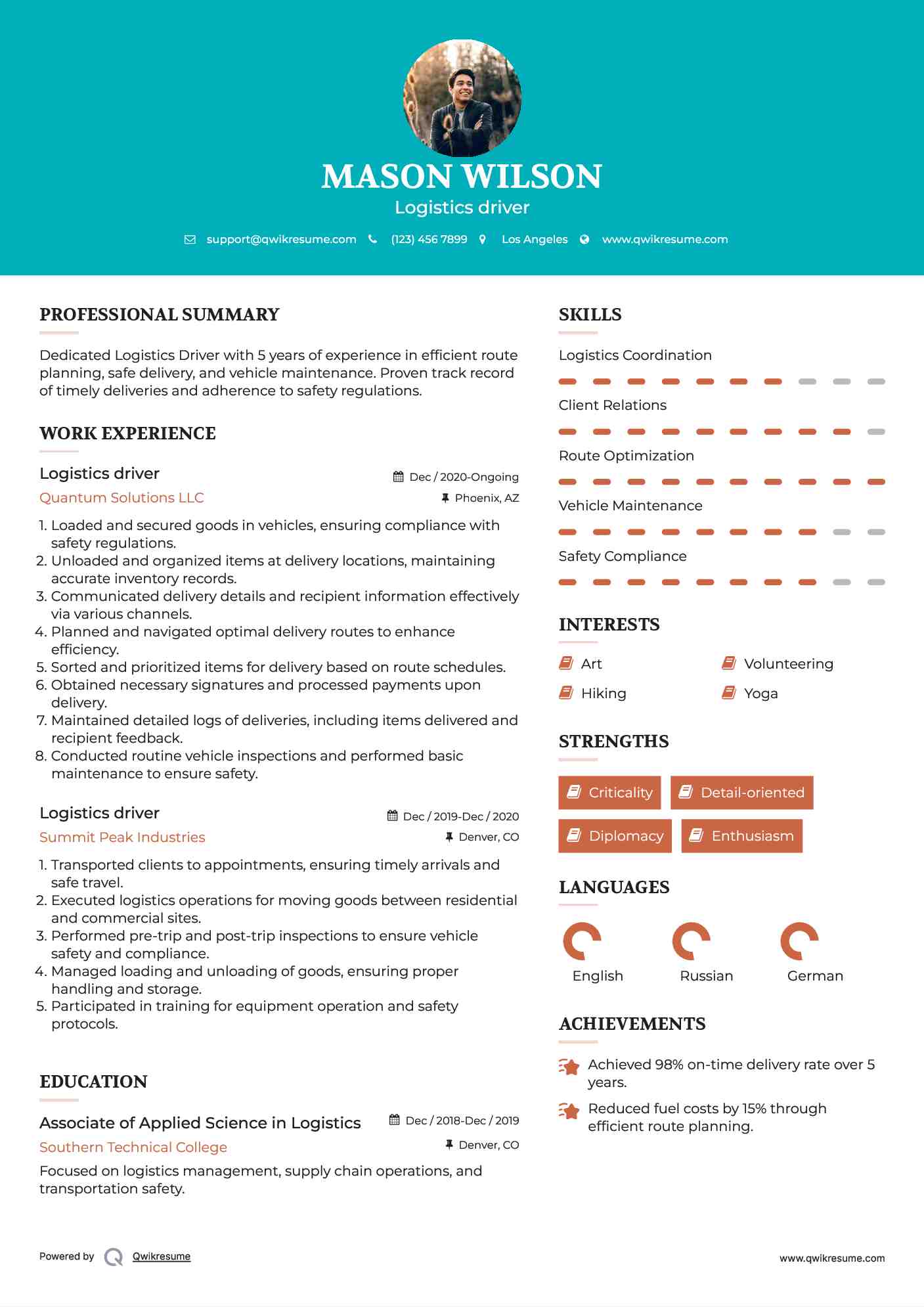 Logistics driver Resume Template