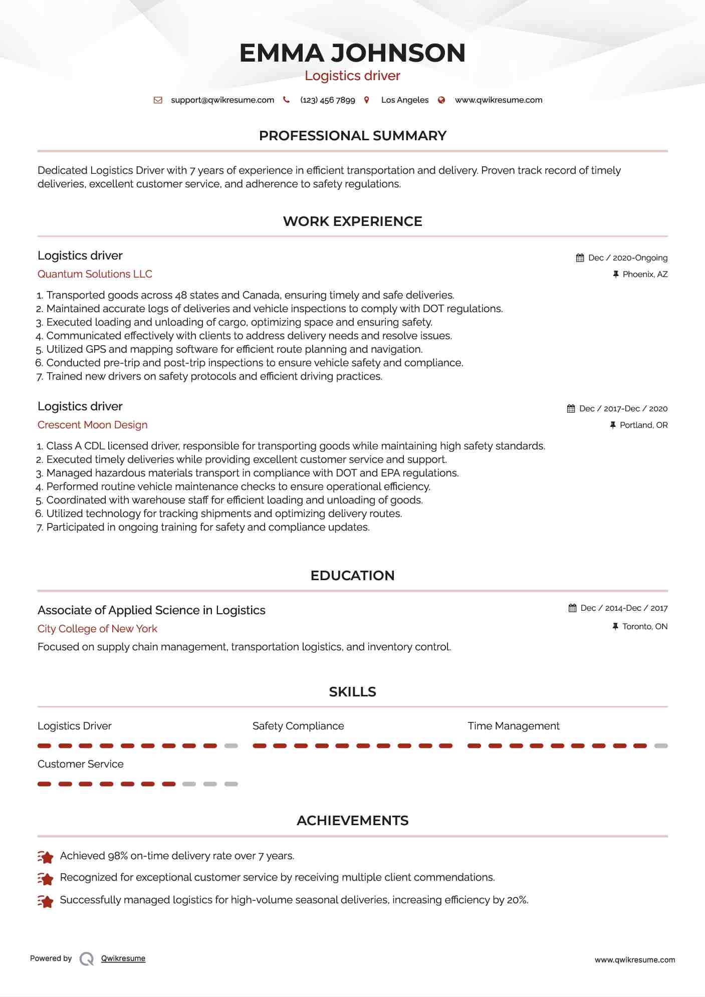 Logistics driver Resume Format