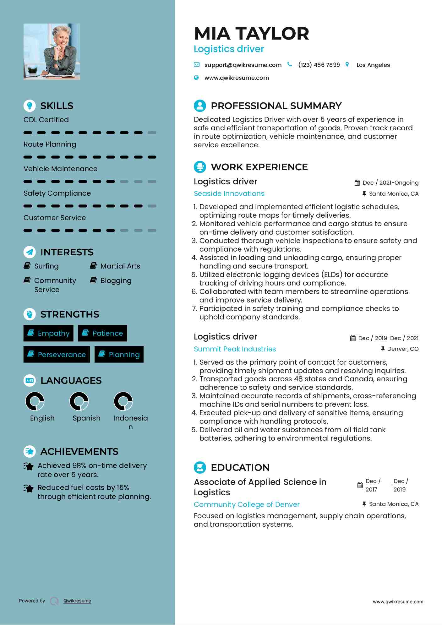 Logistics driver Resume Sample